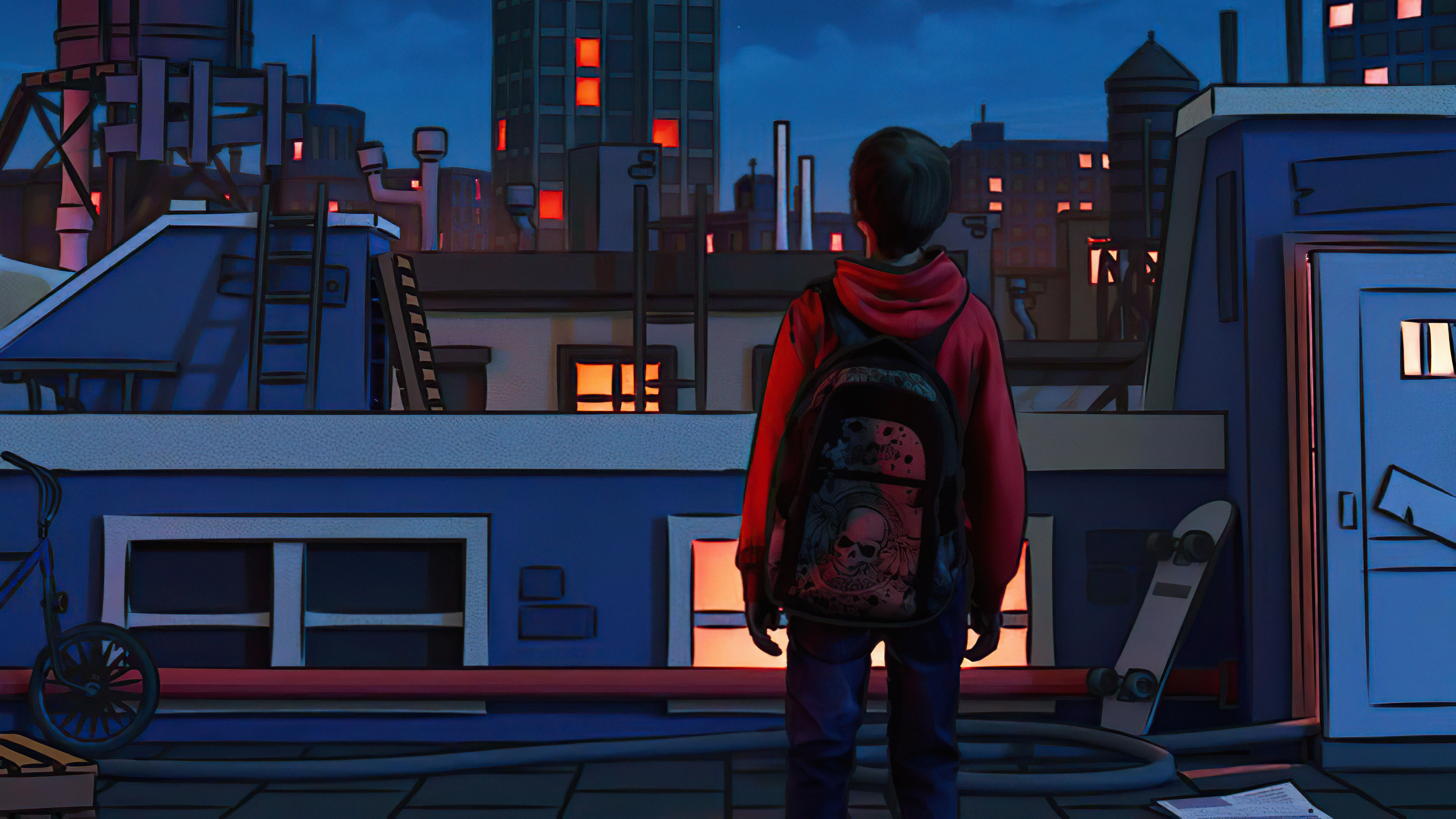 Boy with Skull Backpack on Rooftop at Night HD Wallpaper