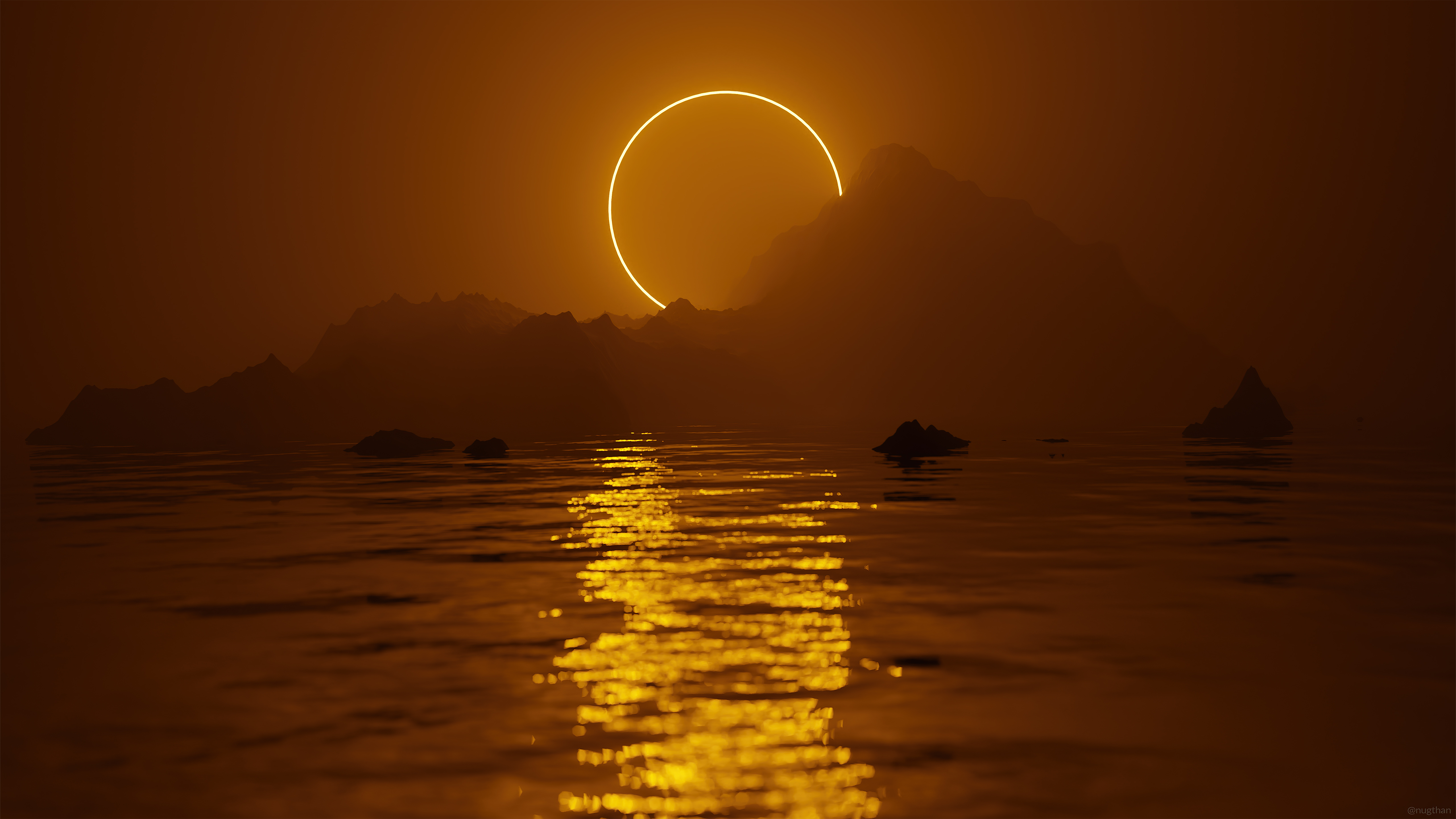 Digital art of a ring of light over mountains and water HD Wallpaper