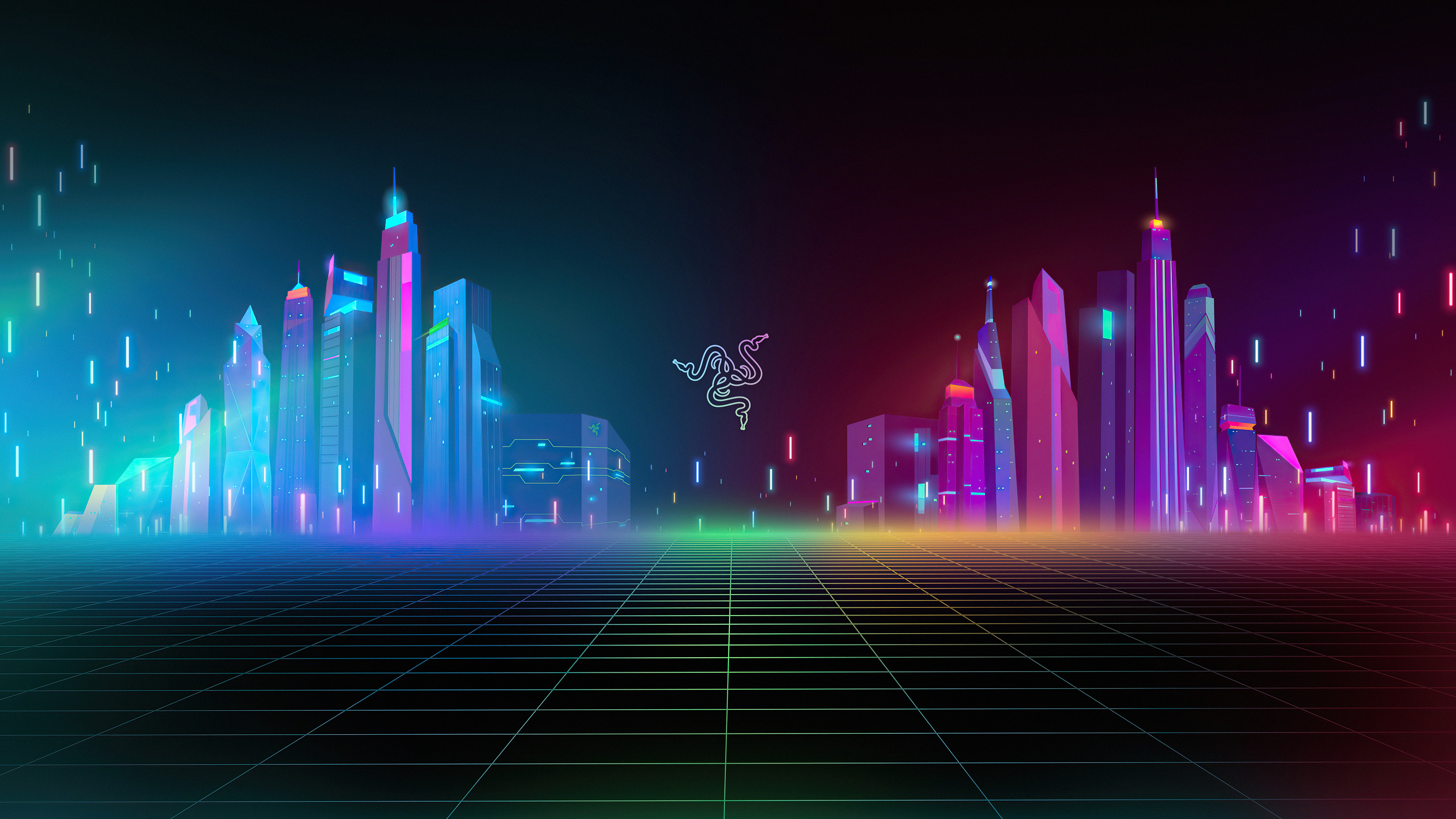 Razer logo over neon cityscape and grid floor HD Wallpaper