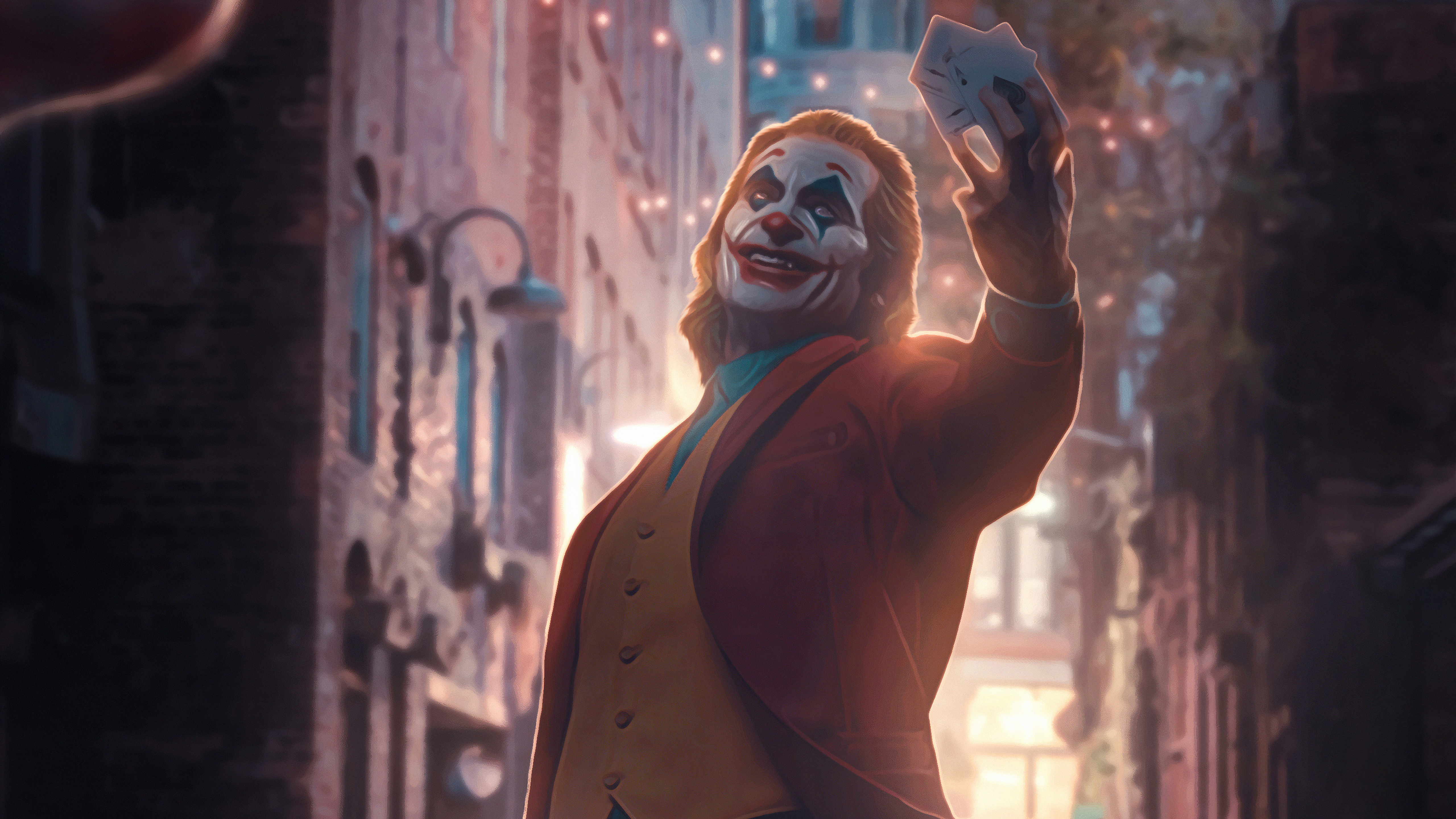 Joker holding cards in a city street HD Wallpaper