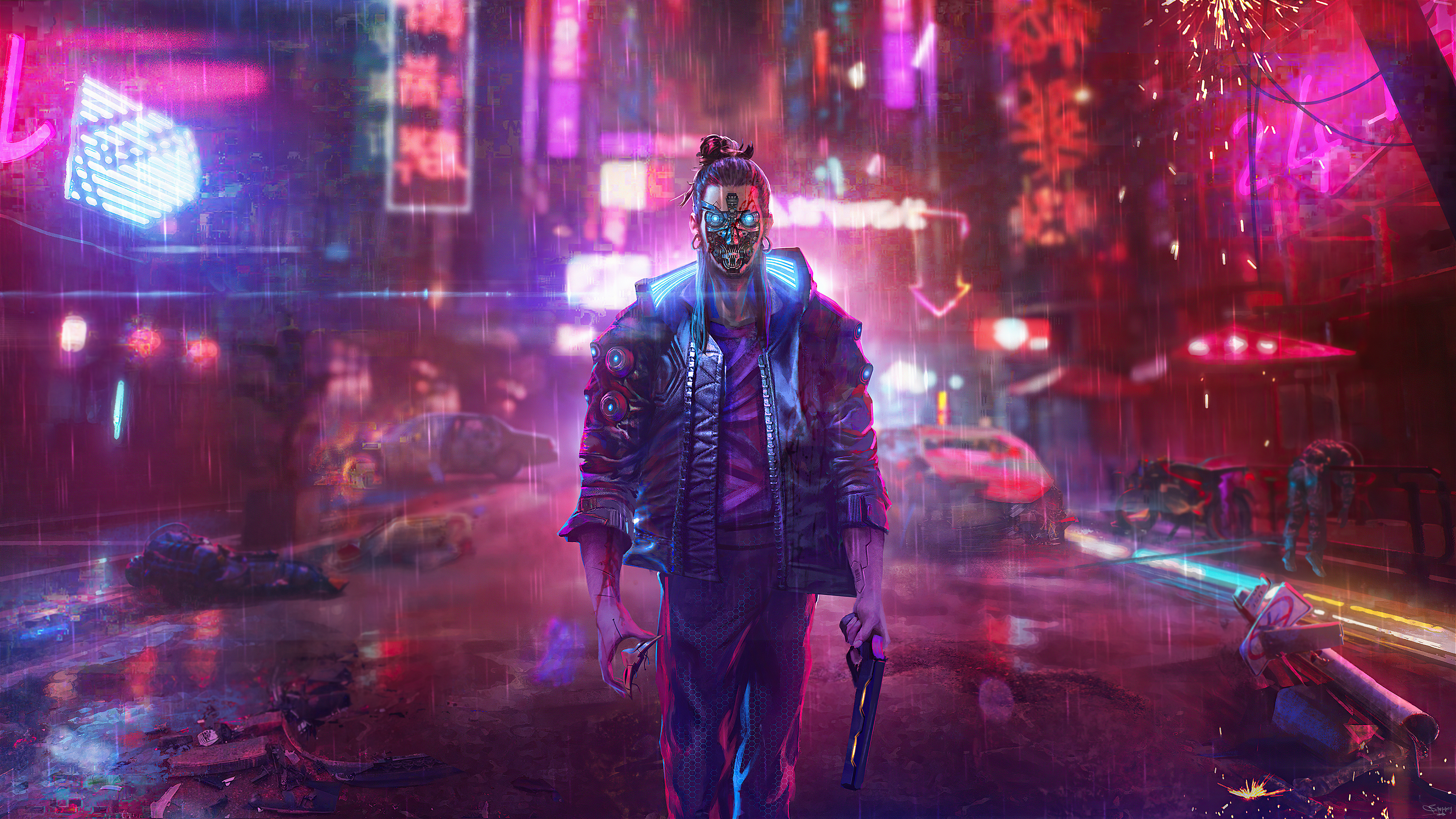 Cyberpunk 2077 character in neon city HD Wallpaper