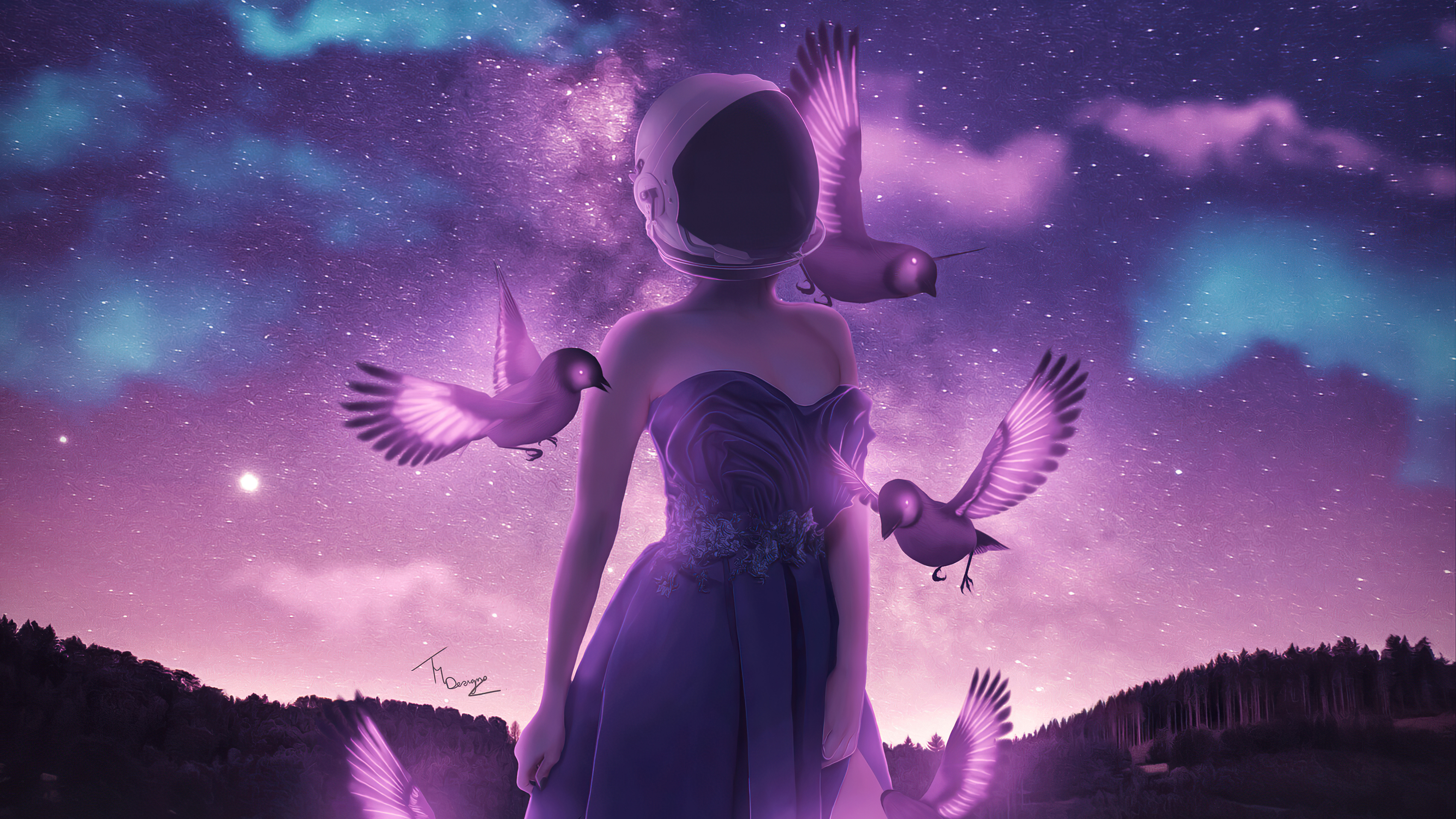 Astronaut woman in purple dress with birds in starry sky HD Wallpaper