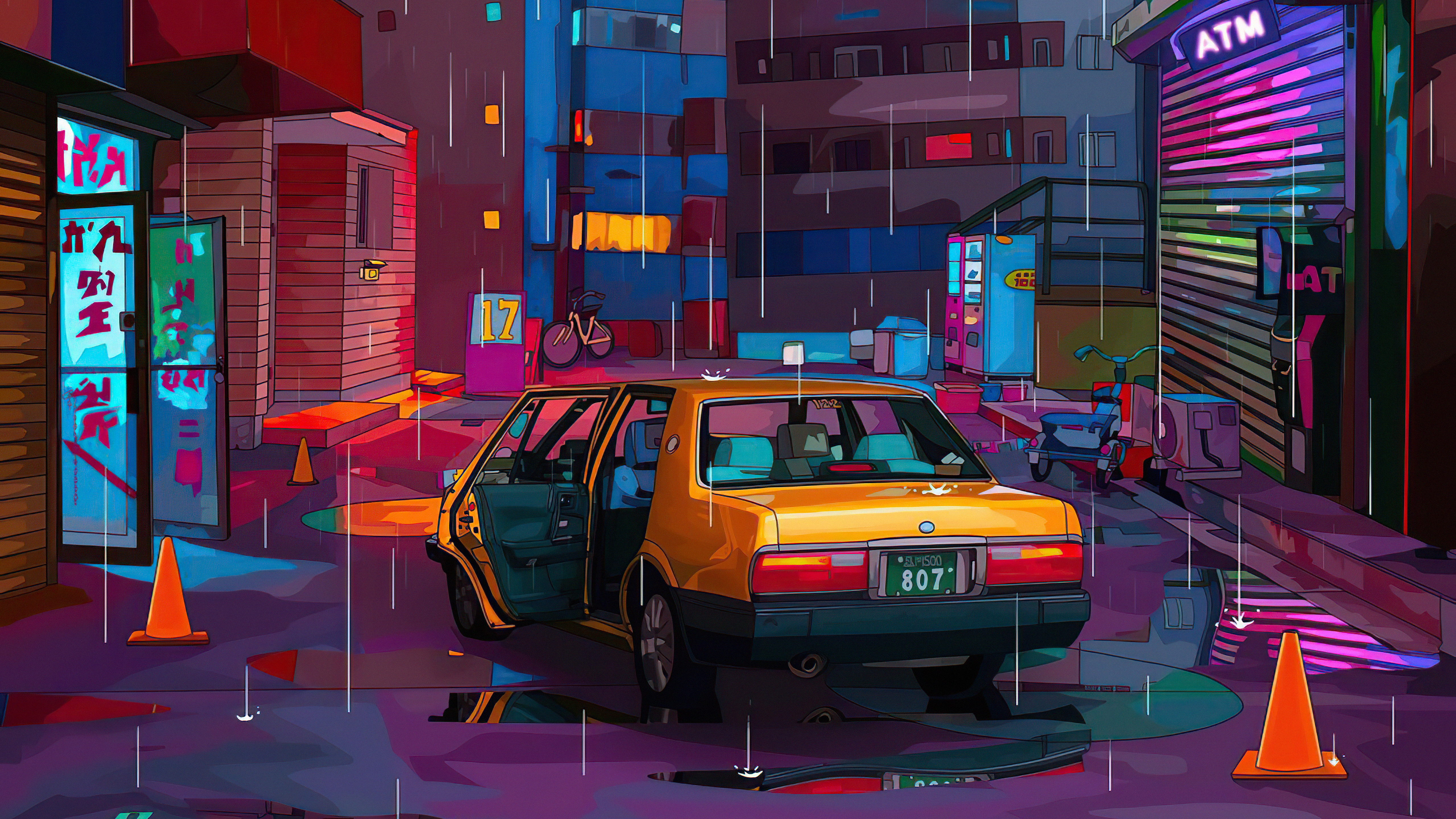 Cyberpunk city street at night with yellow taxi HD Wallpaper