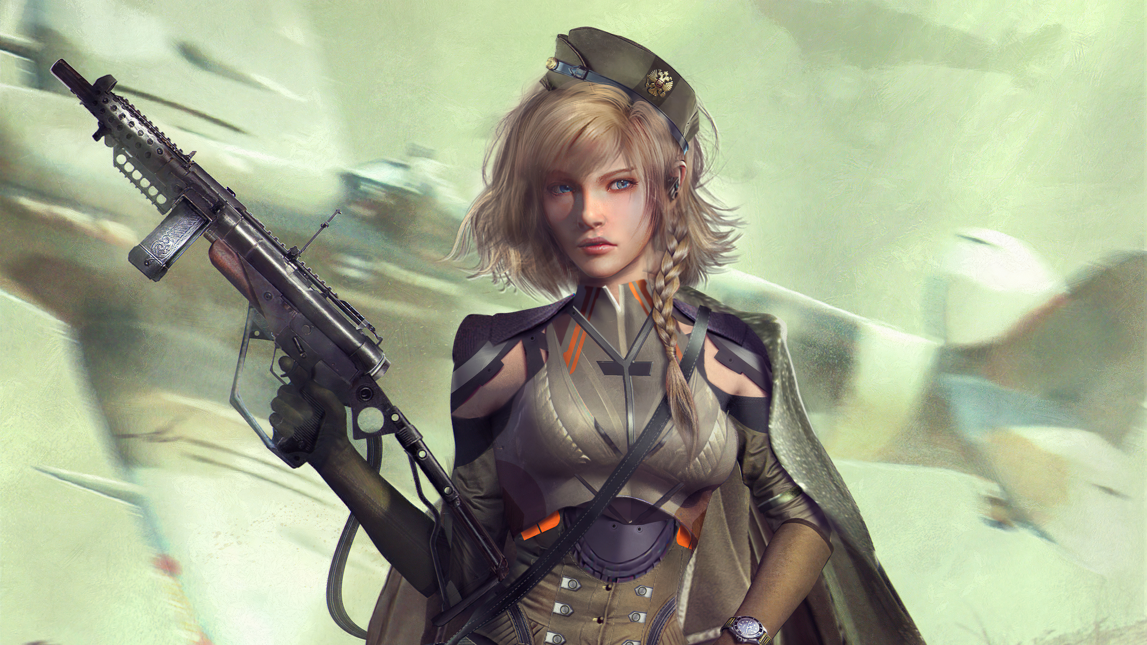 Woman in military uniform holding a rifle HD Wallpaper