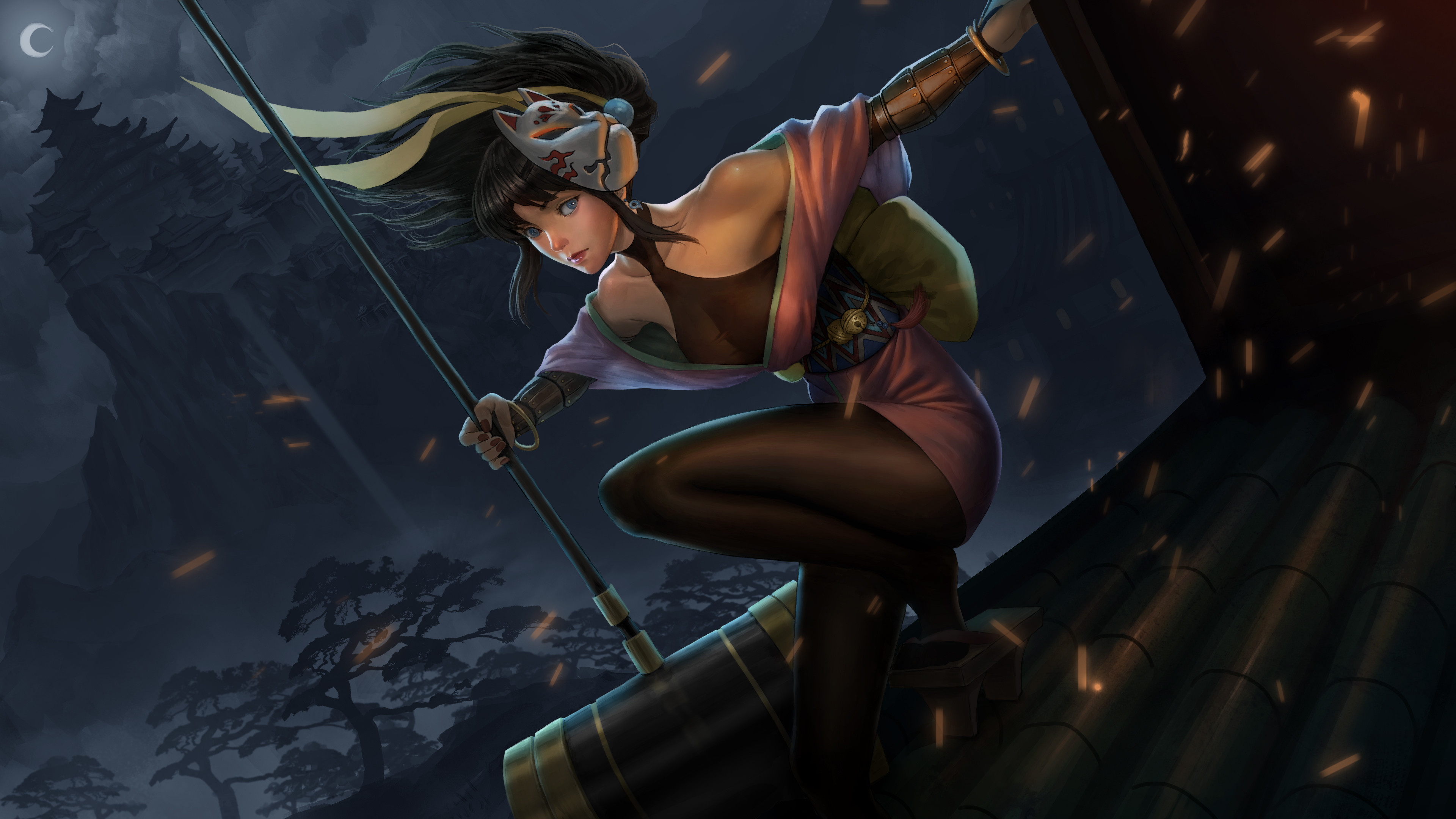 Anime girl with fox mask and weapon on rooftop HD Wallpaper