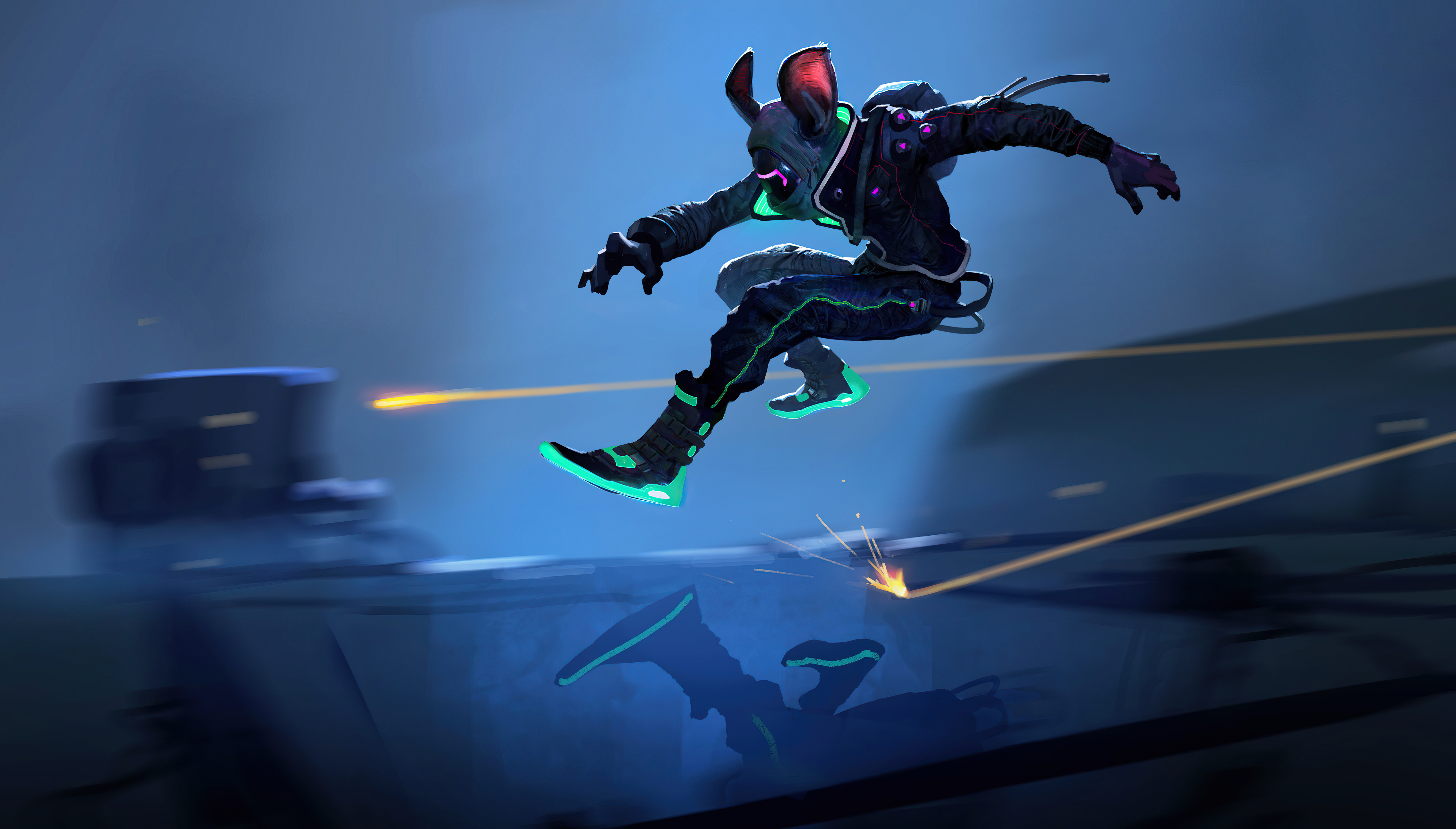 Cyberpunk character with bunny ears jumping HD Wallpaper