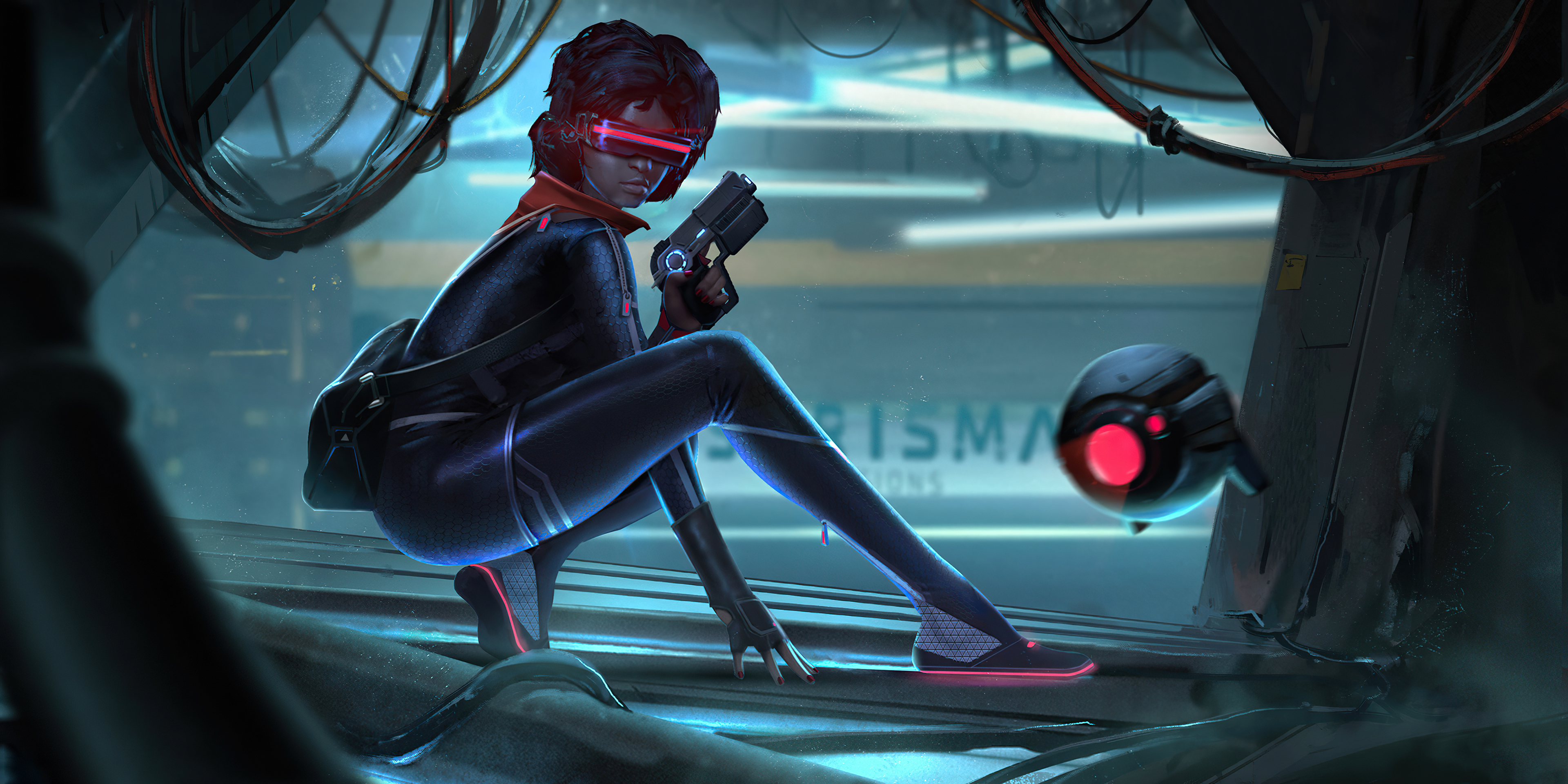 Woman with gun and drone in futuristic city HD Wallpaper