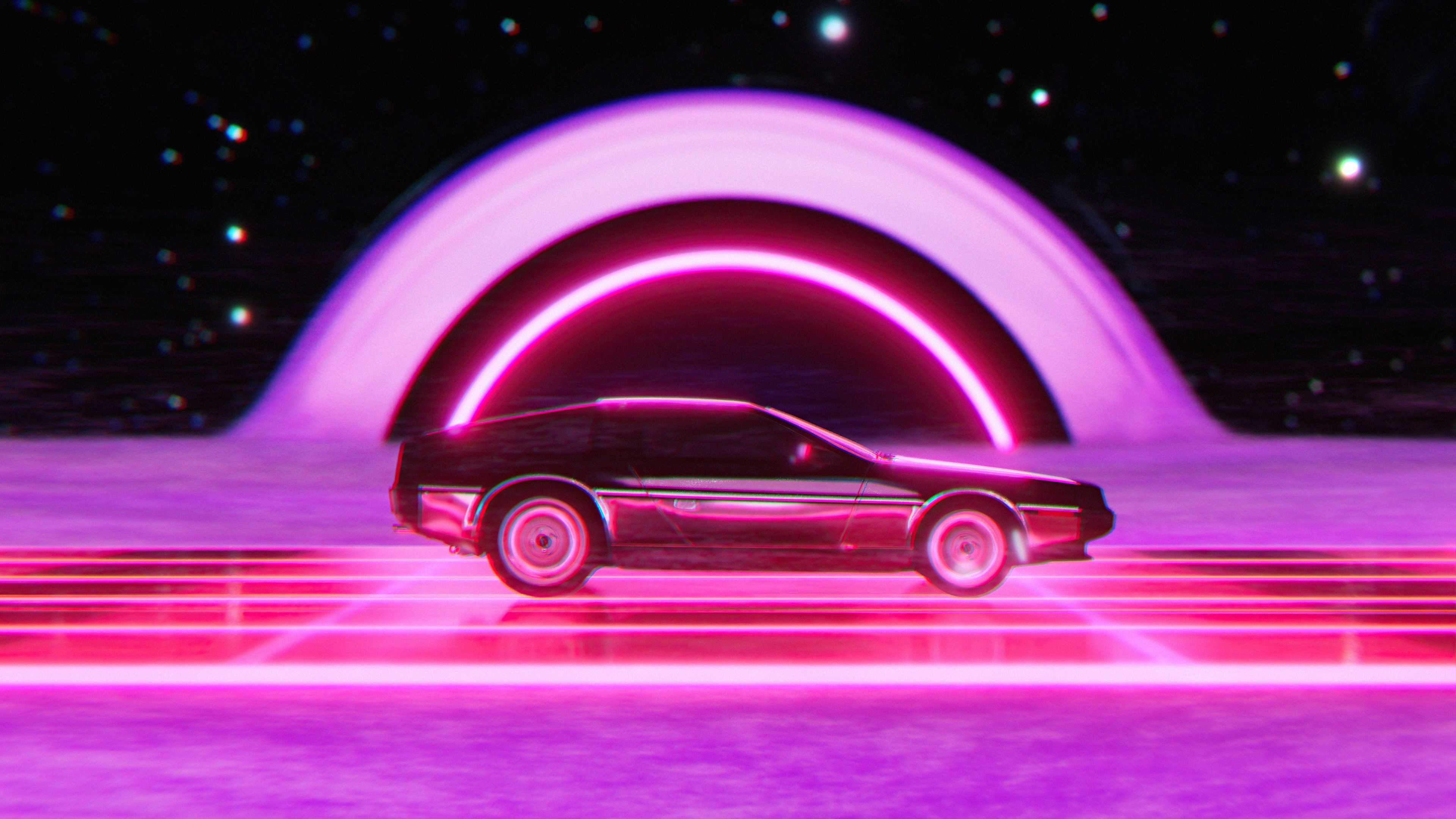 Retro car on a neon grid with a cosmic portal HD Wallpaper