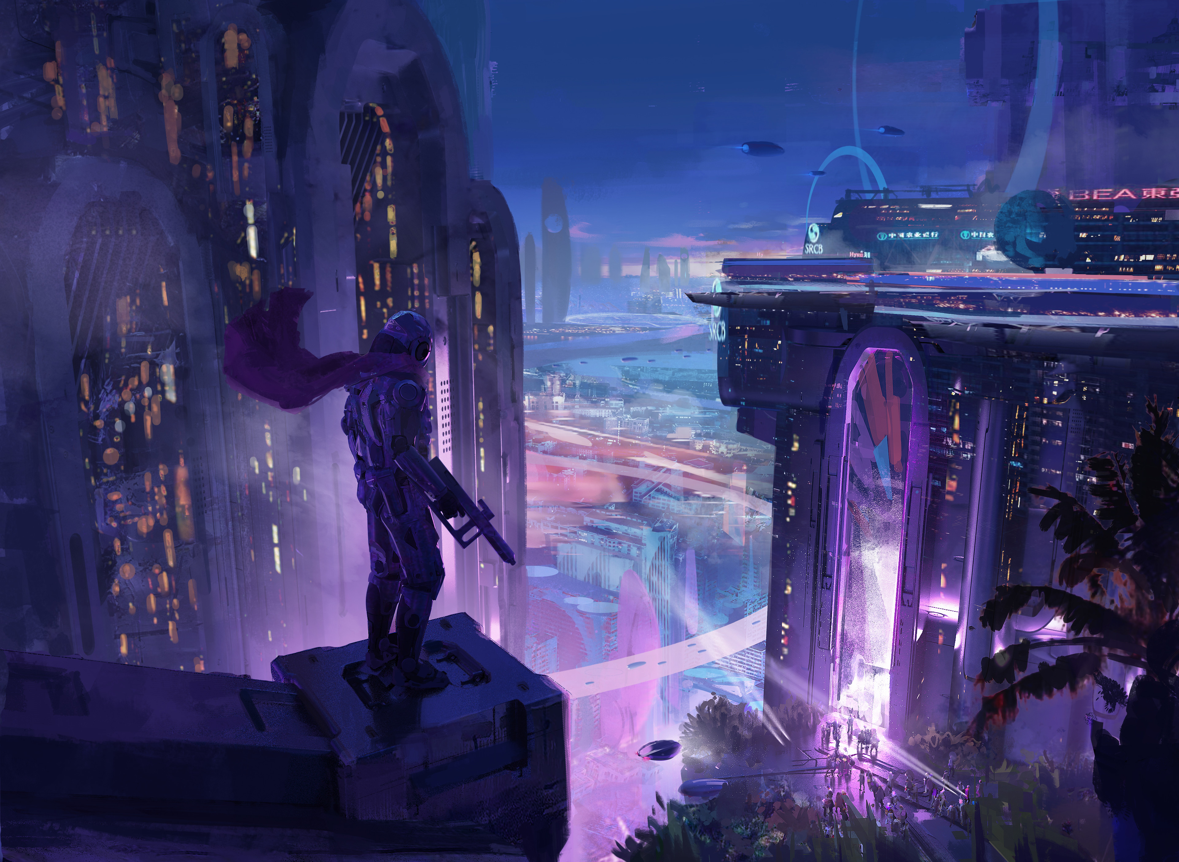 Sci-fi artwork of a person with a gun in a futuristic city HD Wallpaper