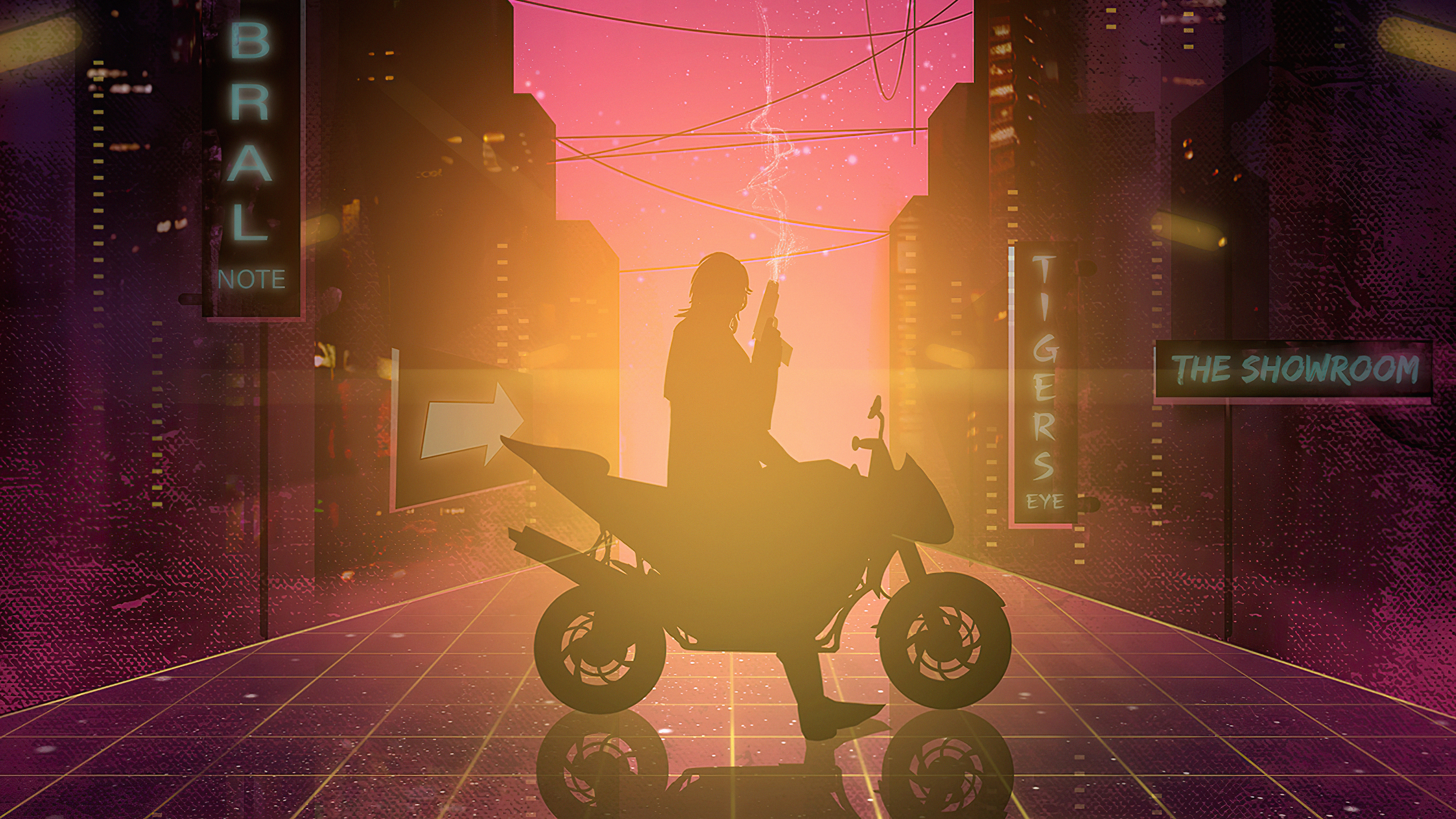 Silhouette of a person on a motorcycle holding a gun HD Wallpaper