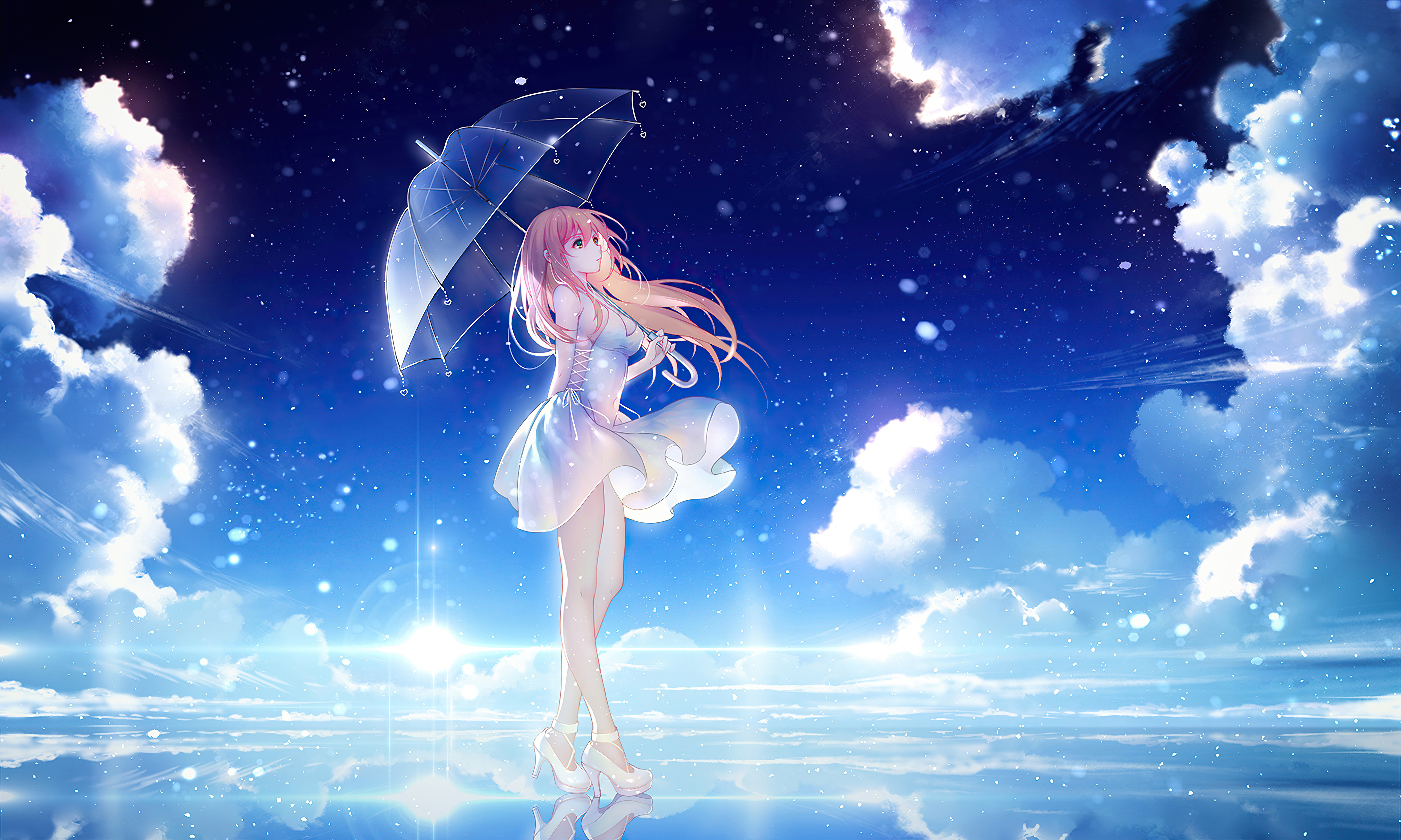 Anime girl with umbrella under starry sky HD Wallpaper