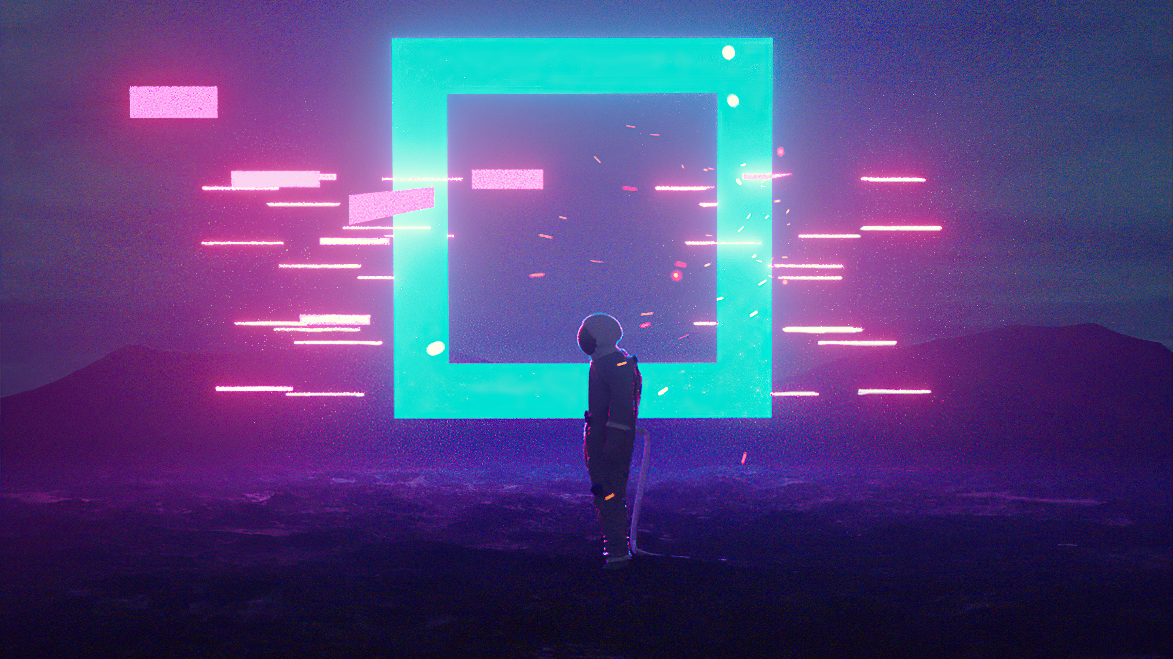 Astronaut standing before a glowing square portal HD Wallpaper