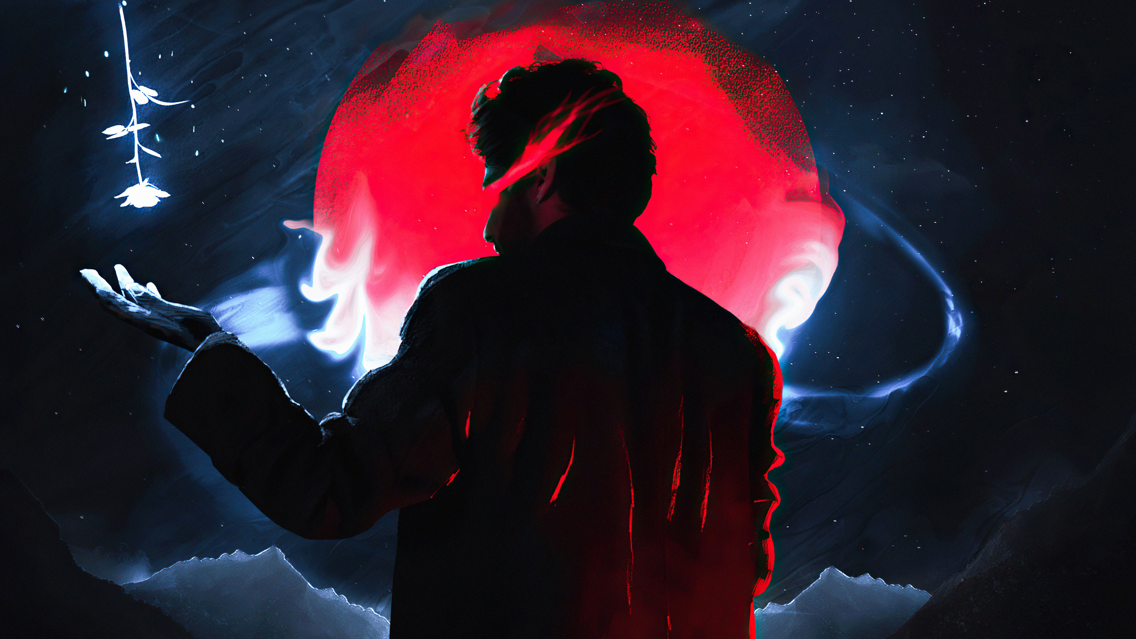 Man holding a glowing rose under a red planet HD Wallpaper