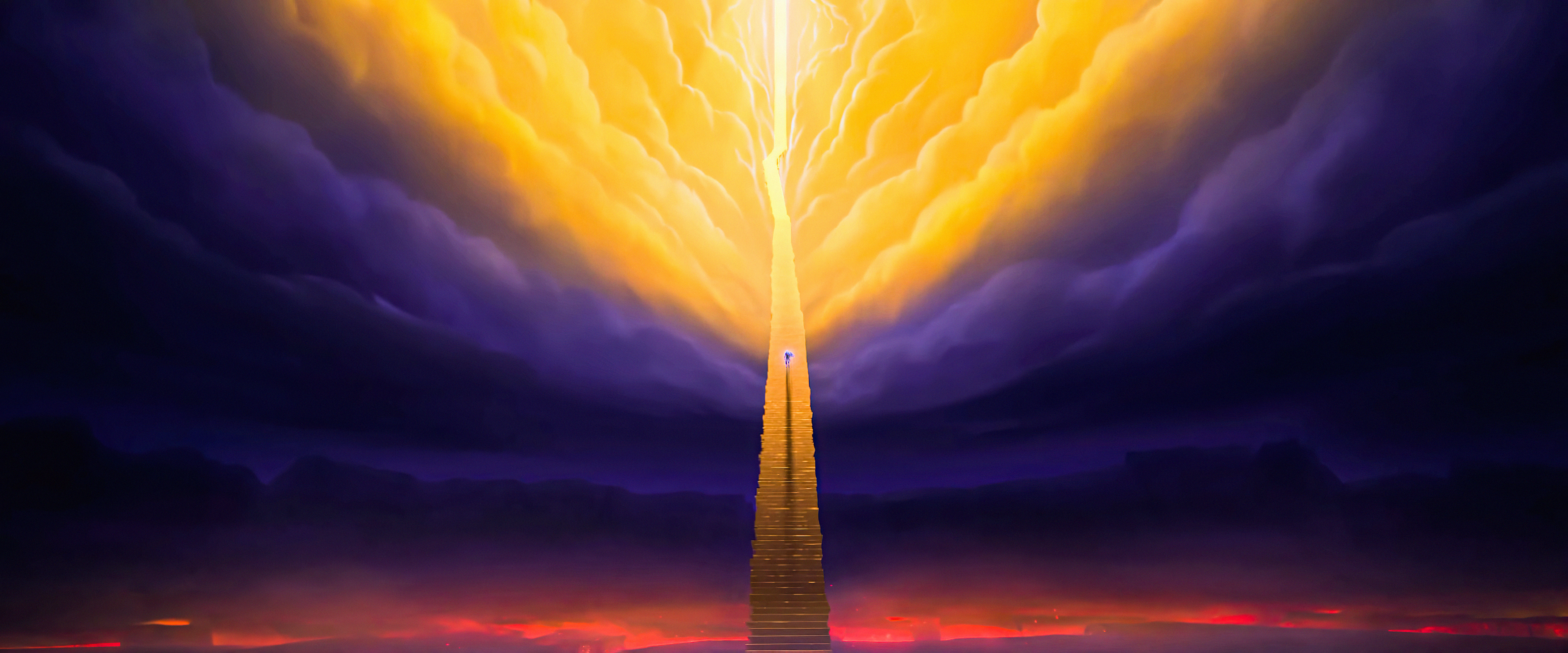 A figure ascends a tall staircase towards a bright light HD Wallpaper