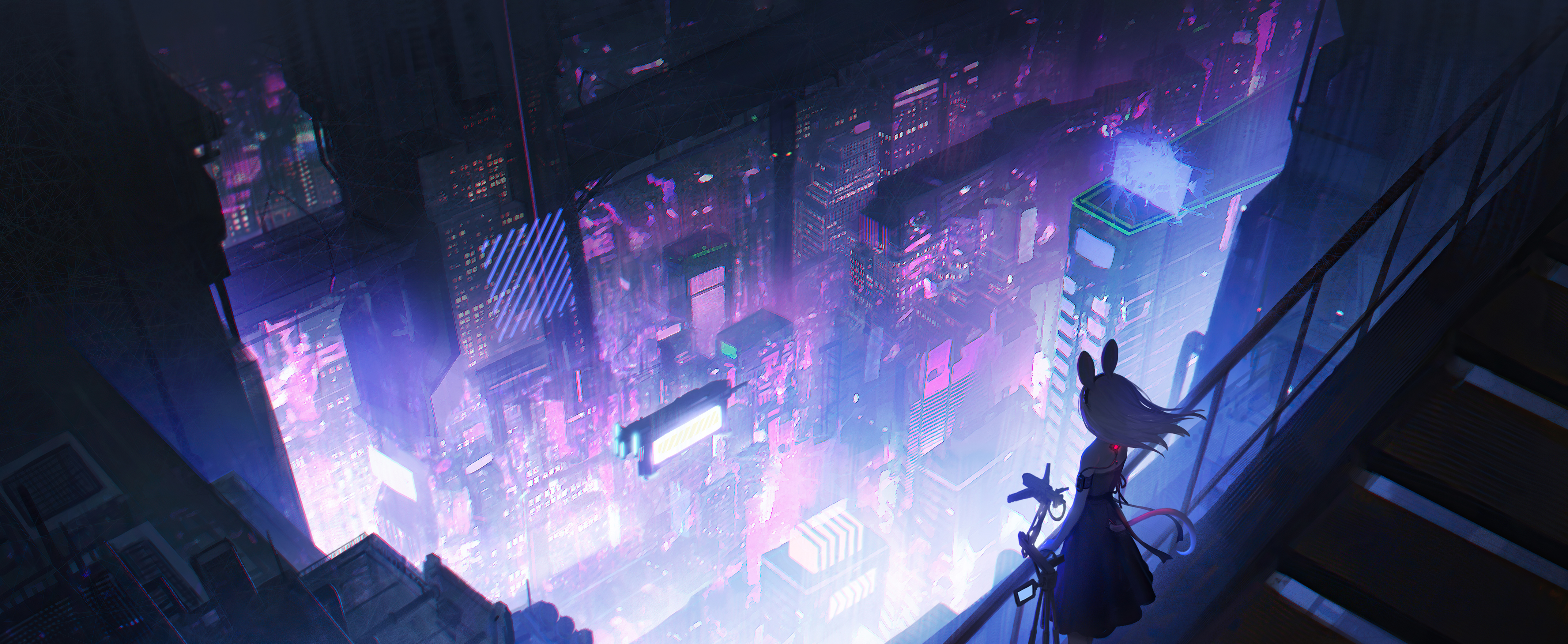 Anime girl with bunny ears overlooking a neon city HD Wallpaper