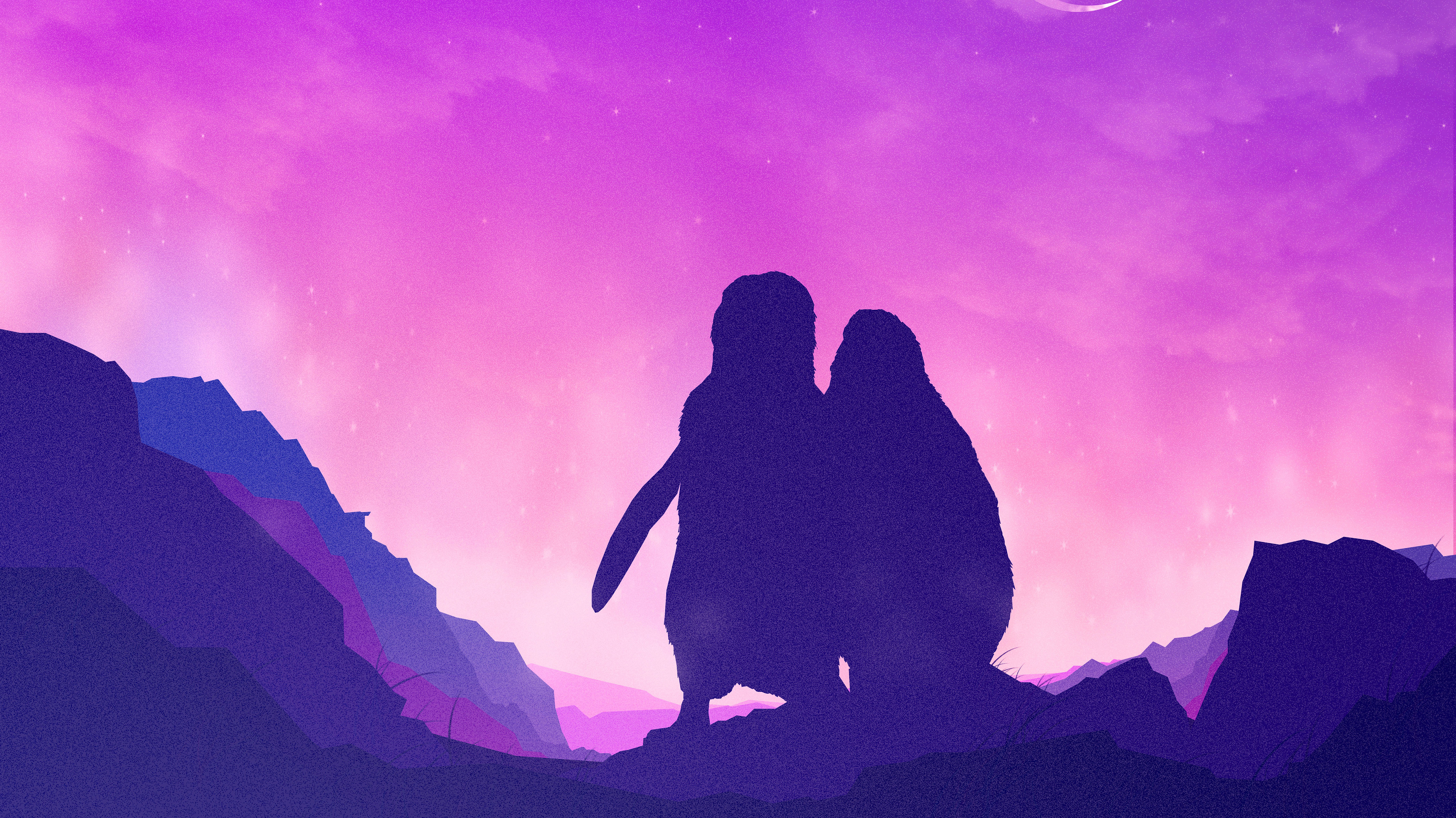Two penguins silhouetted against a purple sky HD Wallpaper