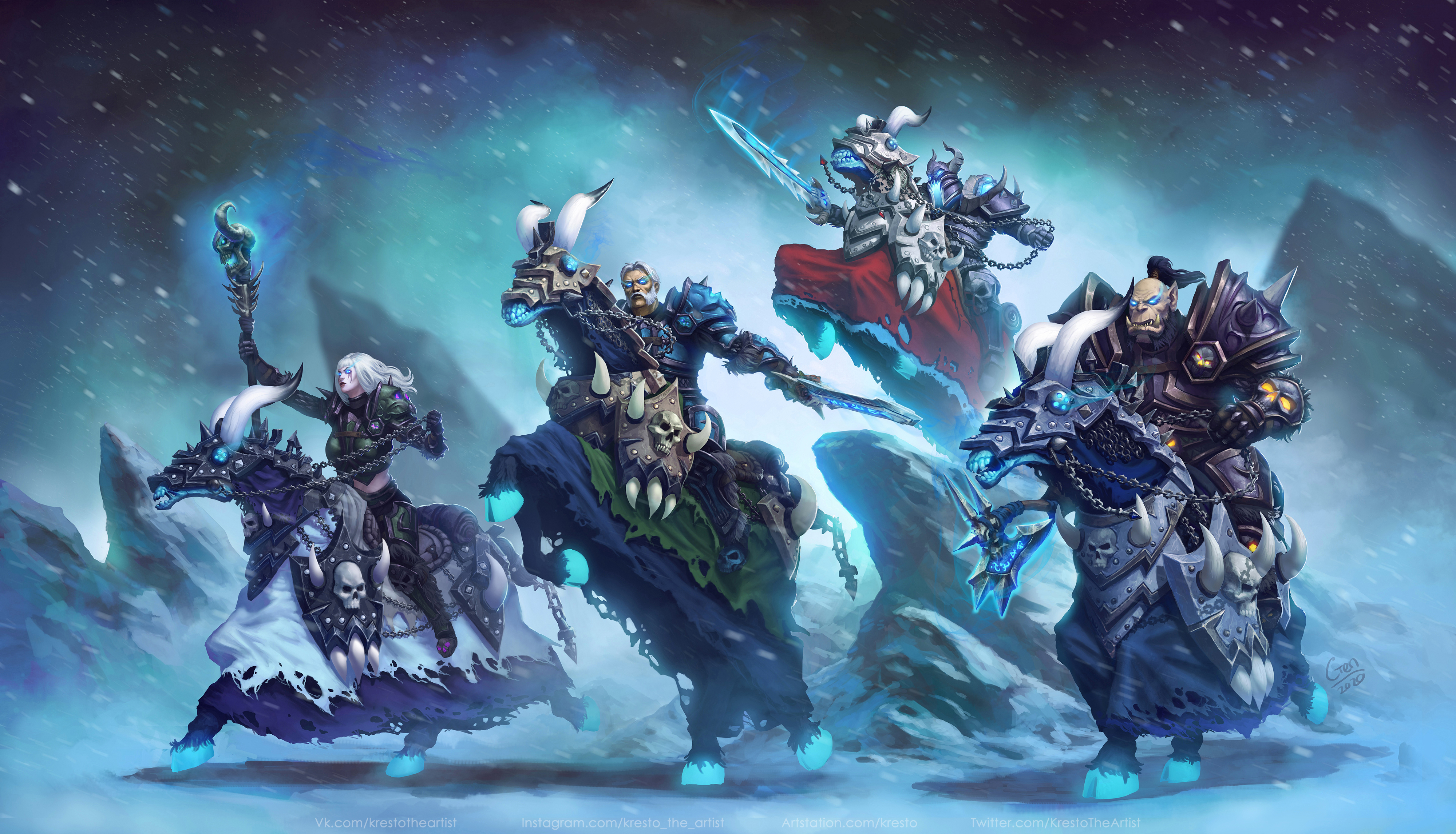 Four warriors on undead horses in a snowy landscape HD Wallpaper