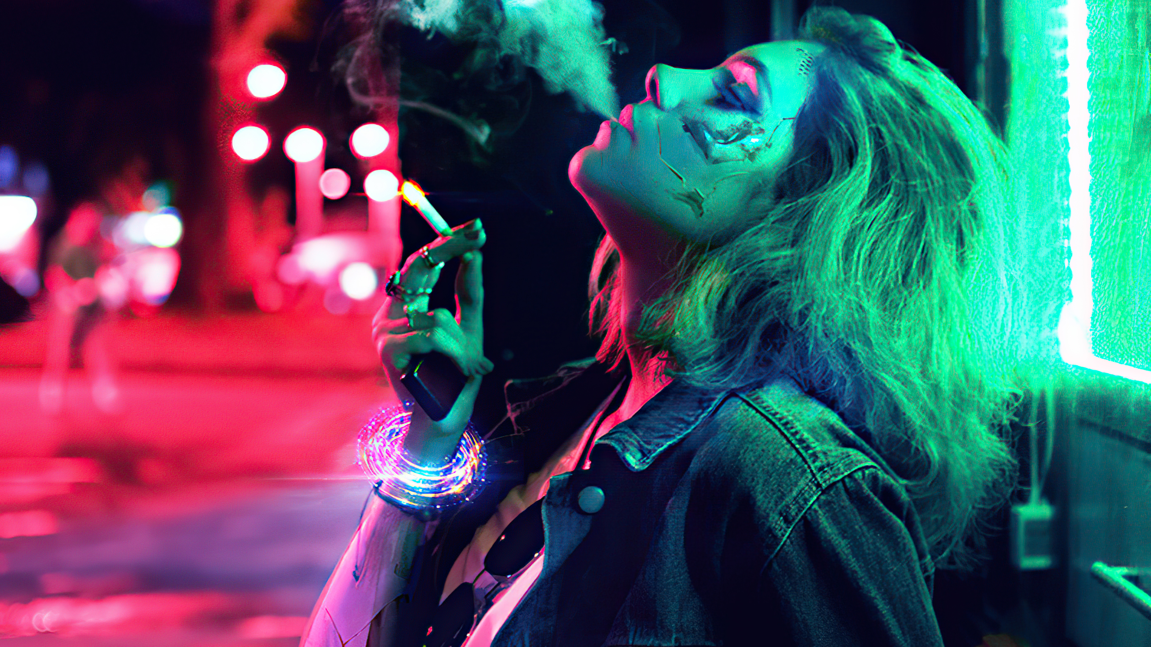 Cyborg woman smoking in neon city HD Wallpaper