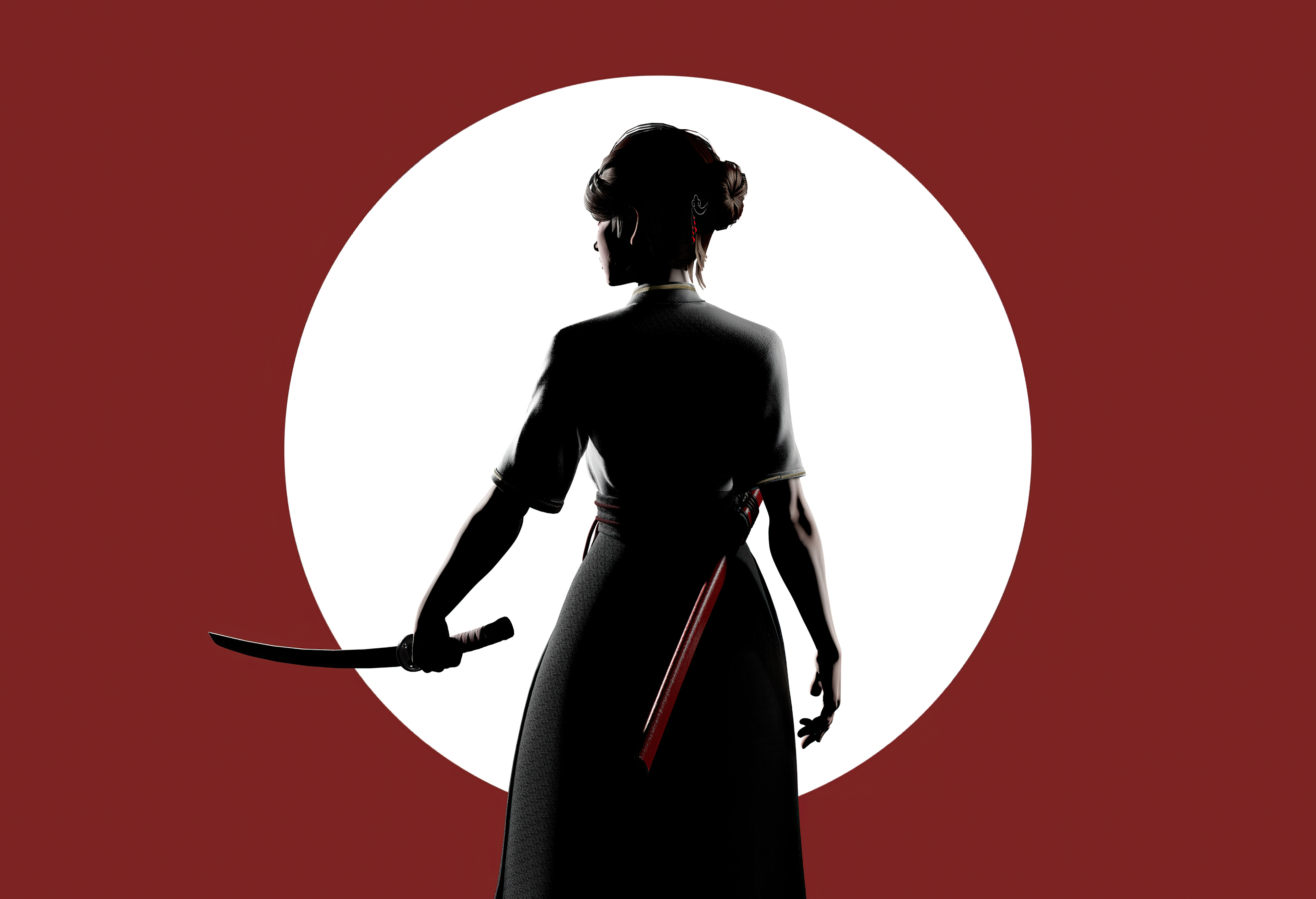 Silhouette of a woman with a katana against a red circle HD Wallpaper
