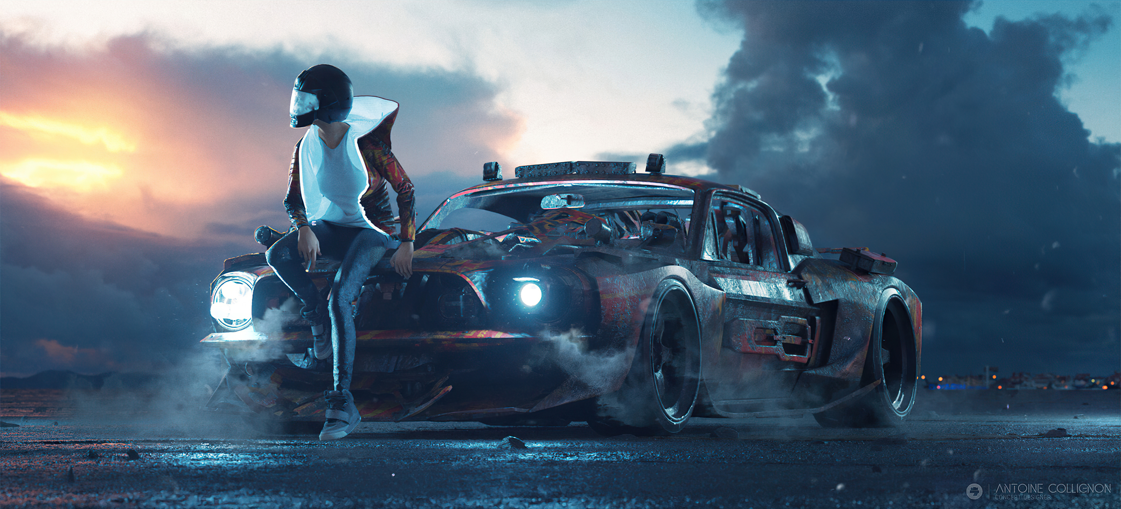 Artwork of a person with a car HD Wallpaper