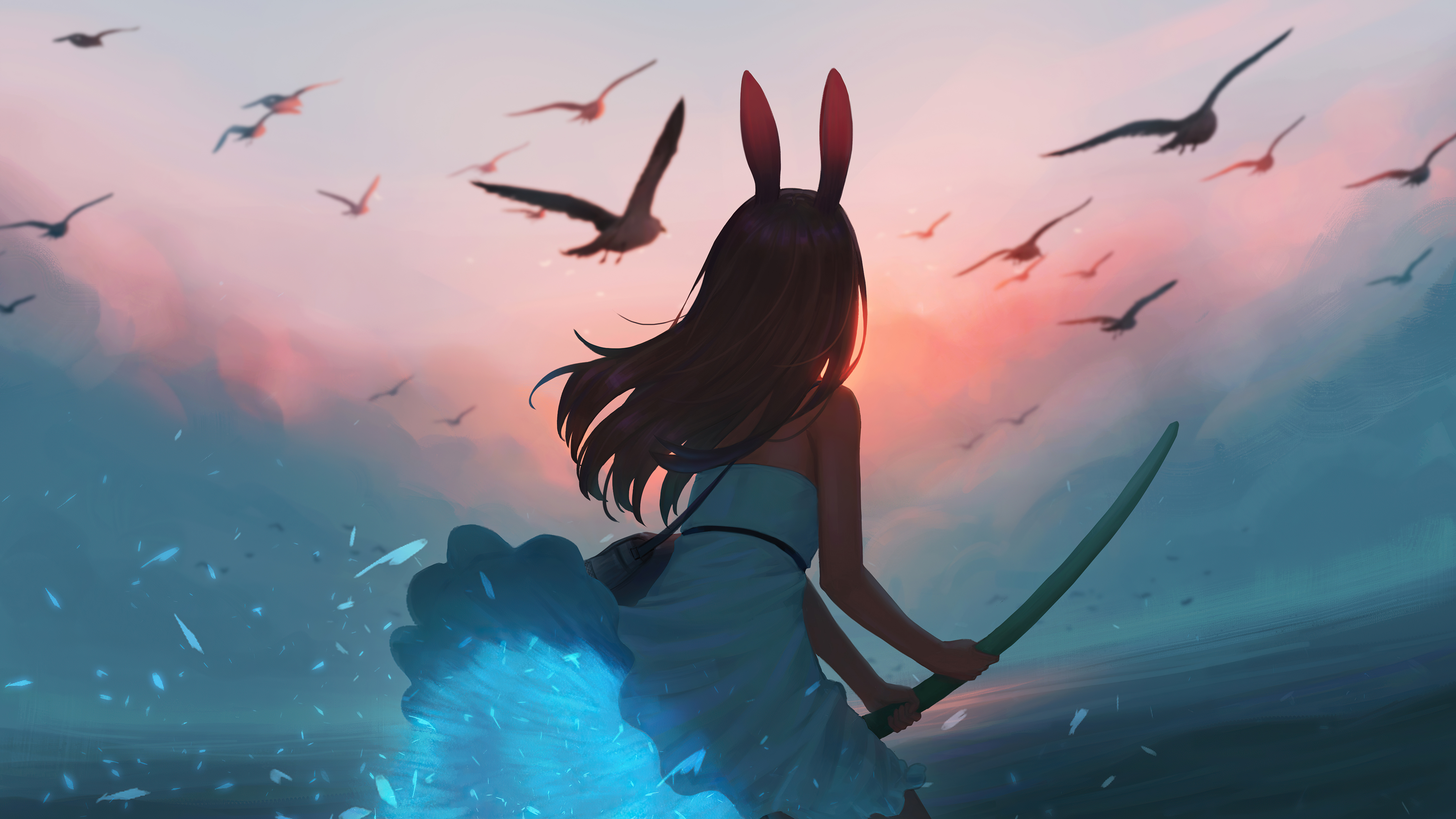 Anime girl with bunny ears and sword HD Wallpaper