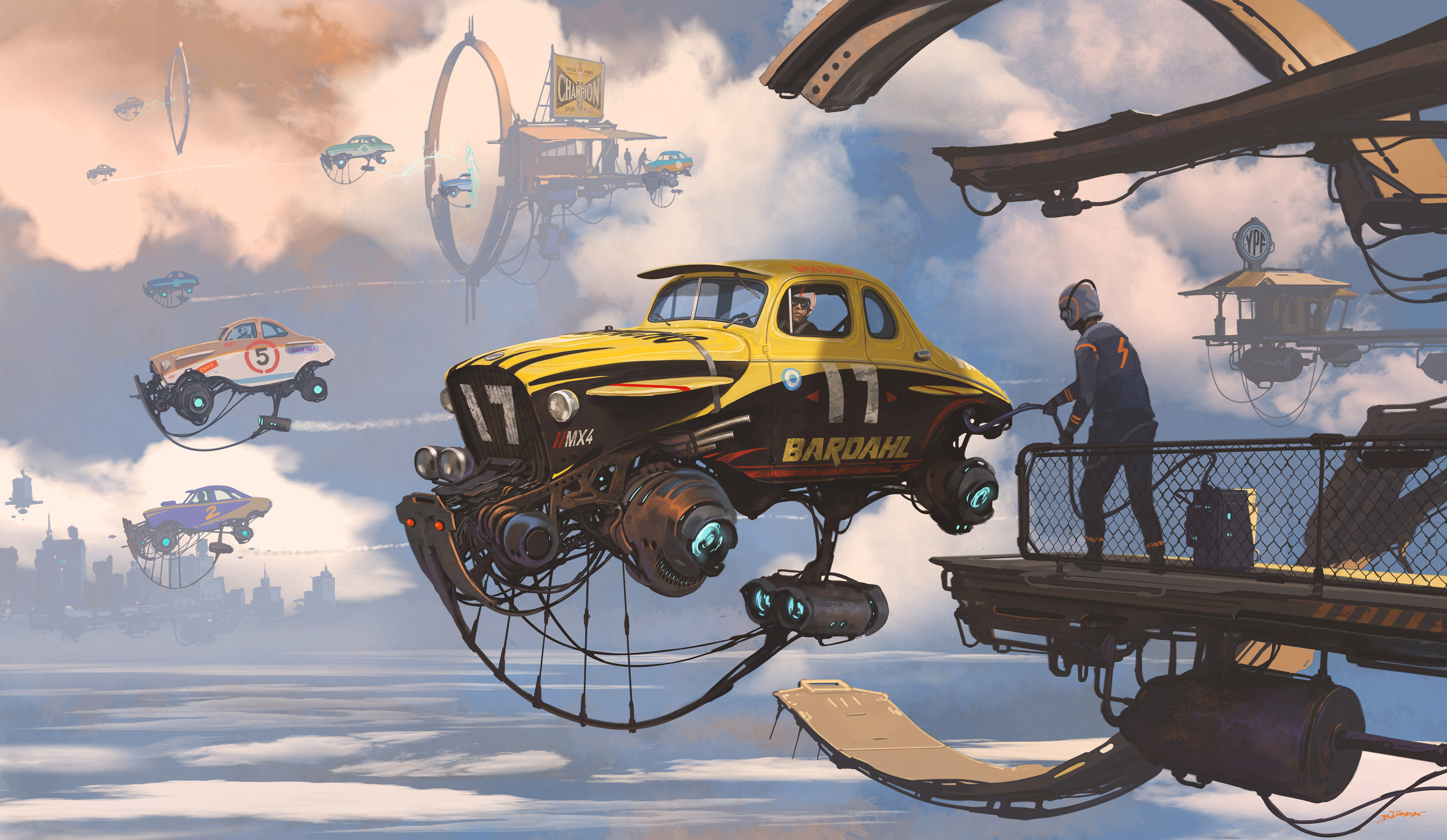Flying Cars Race in a Futuristic Cityscape HD Wallpaper