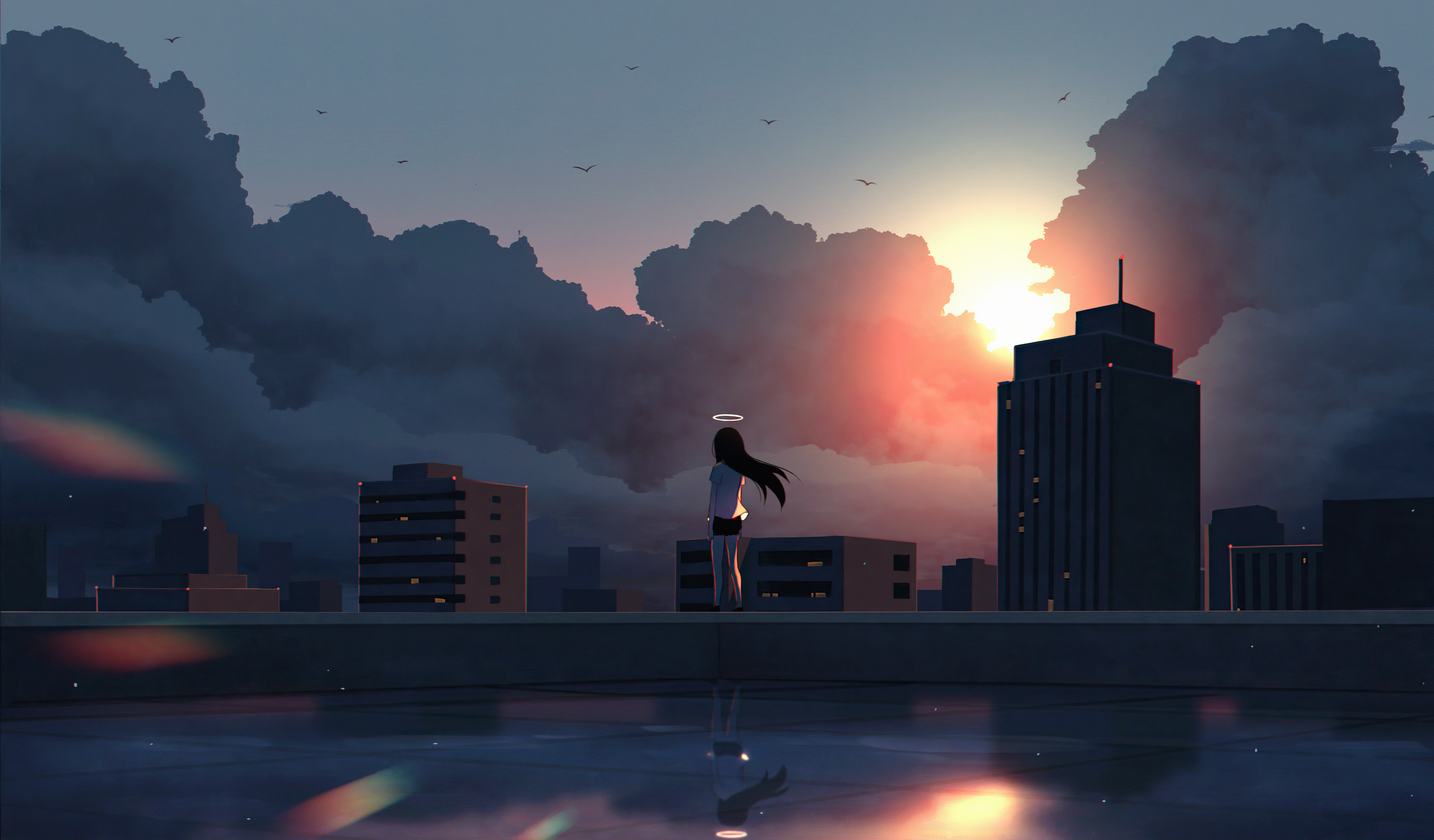 Anime girl with halo on rooftop at sunset HD Wallpaper
