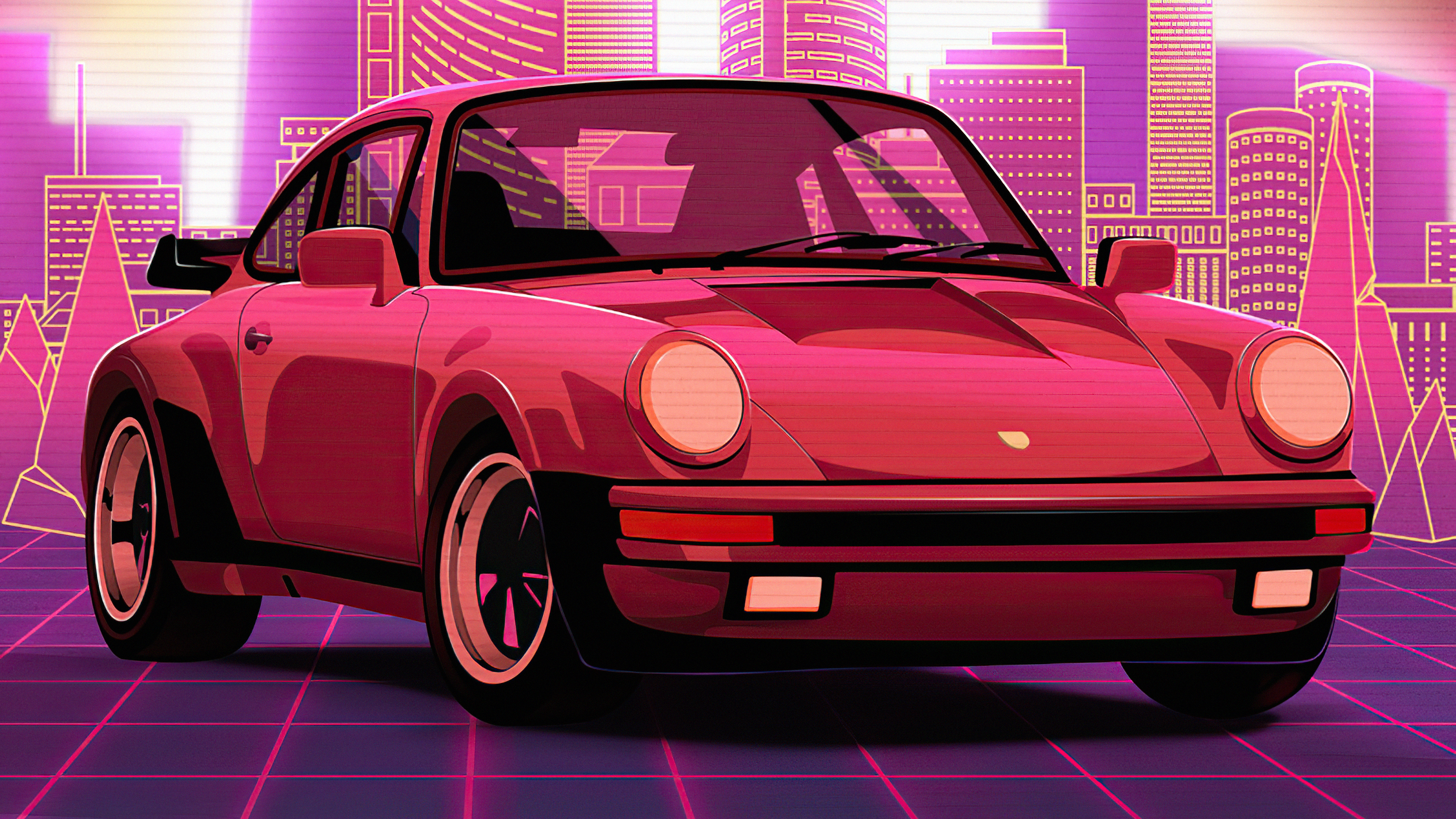 Red Porsche 911 Turbo in a Retrowave City HD Wallpaper