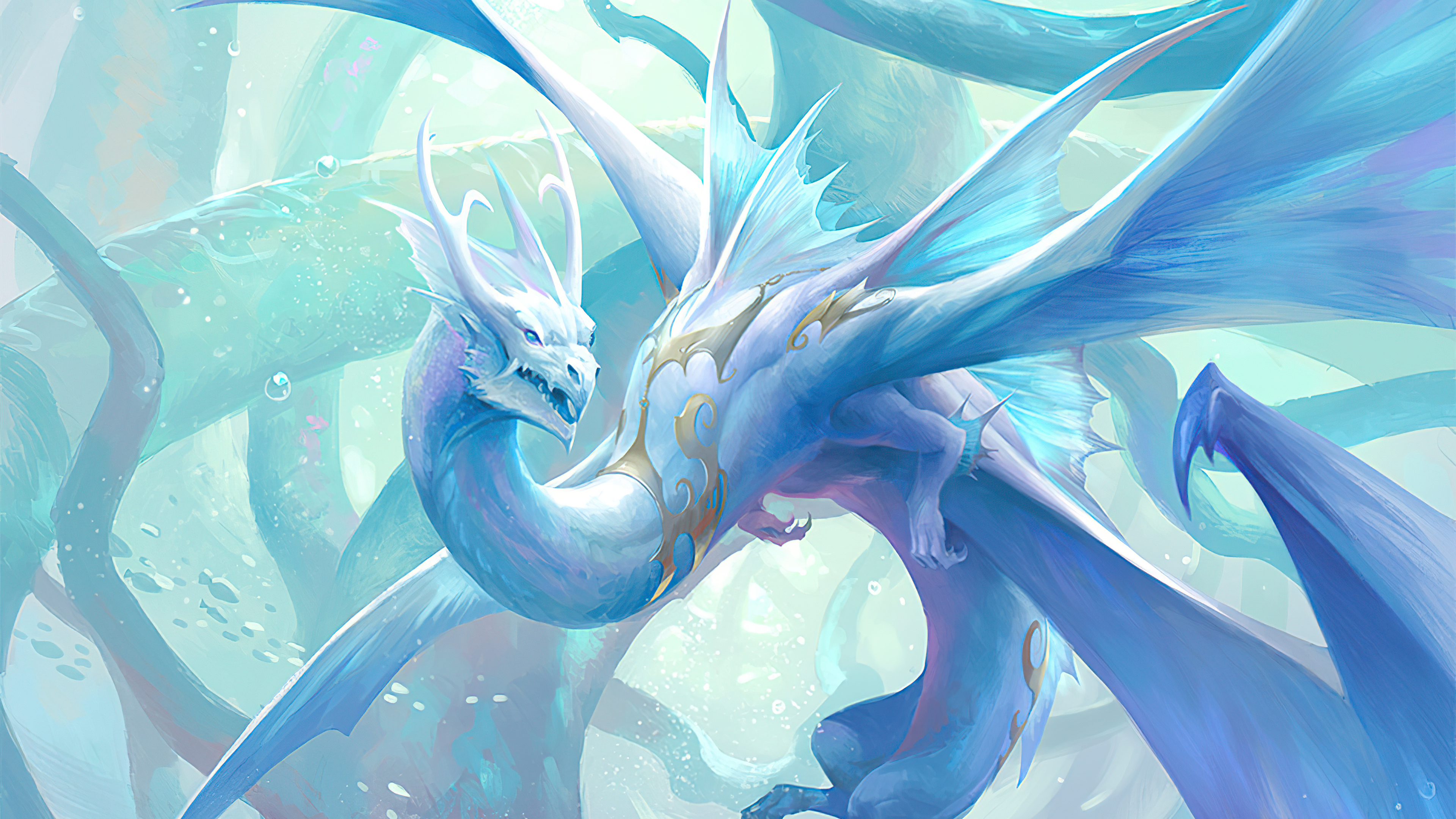 Two blue and white dragons in a watery environment HD Wallpaper