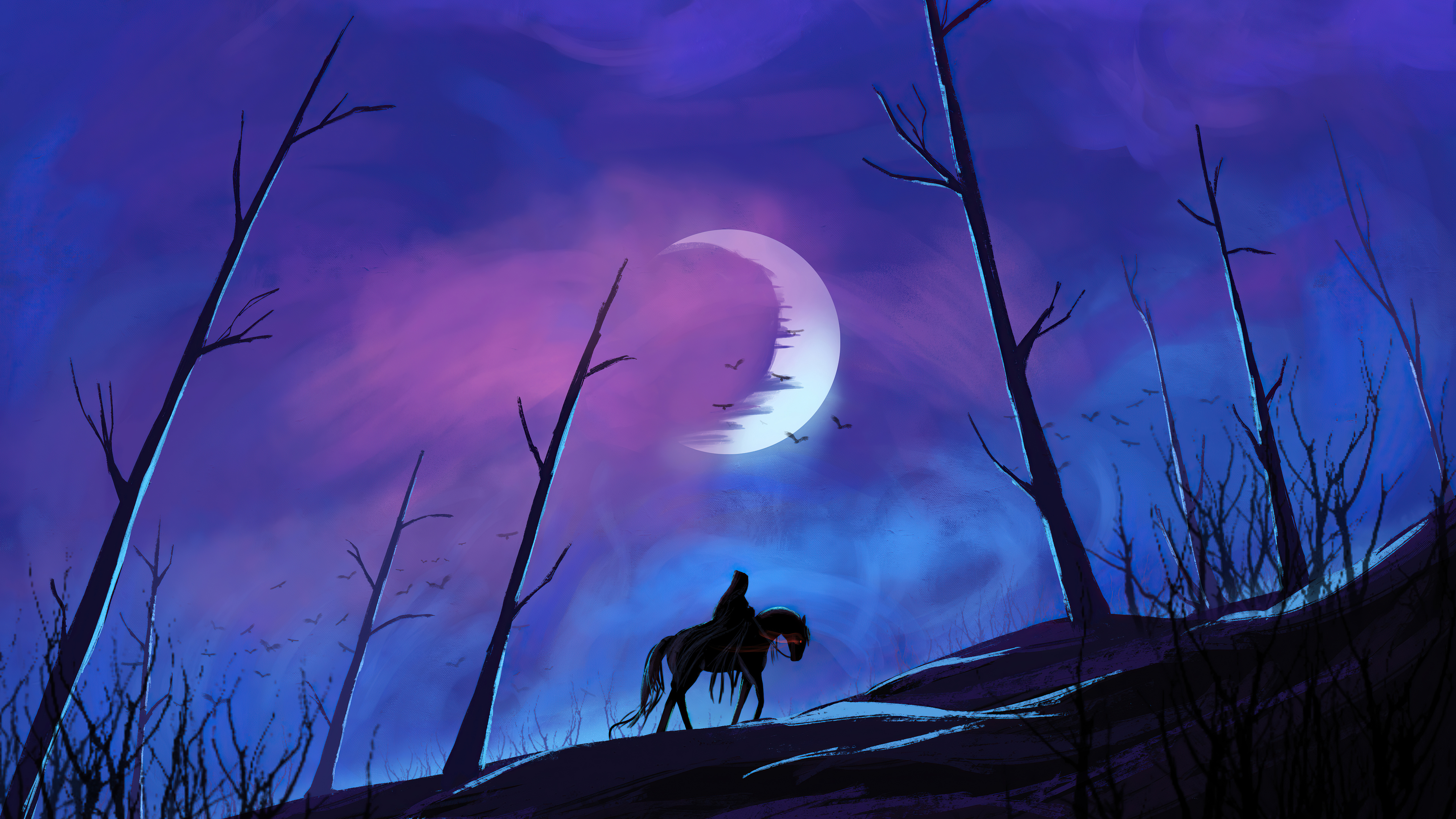 Warrior on horseback under a crescent moon HD Wallpaper