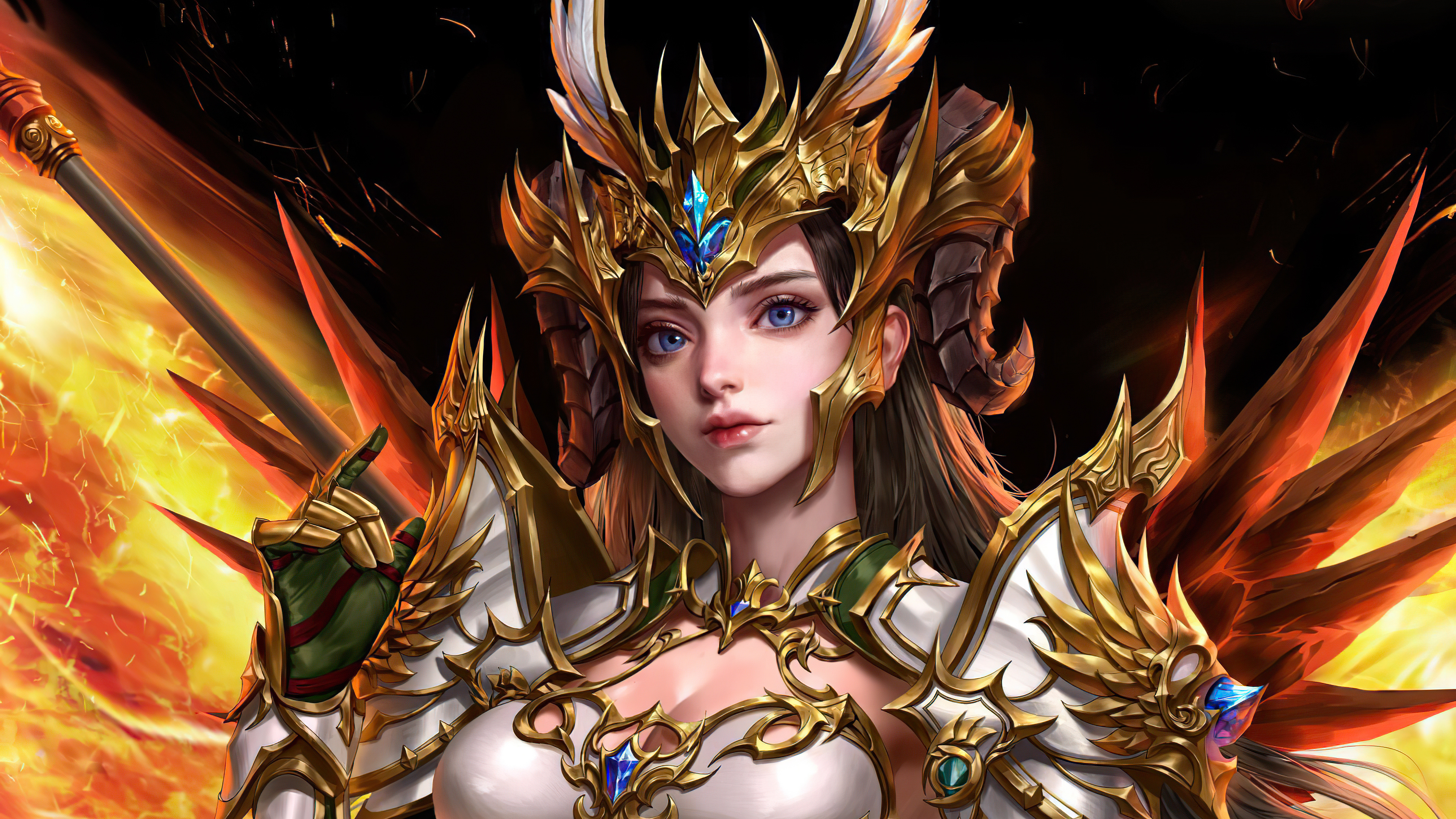 Fantasy girl in golden armor with fiery wings HD Wallpaper