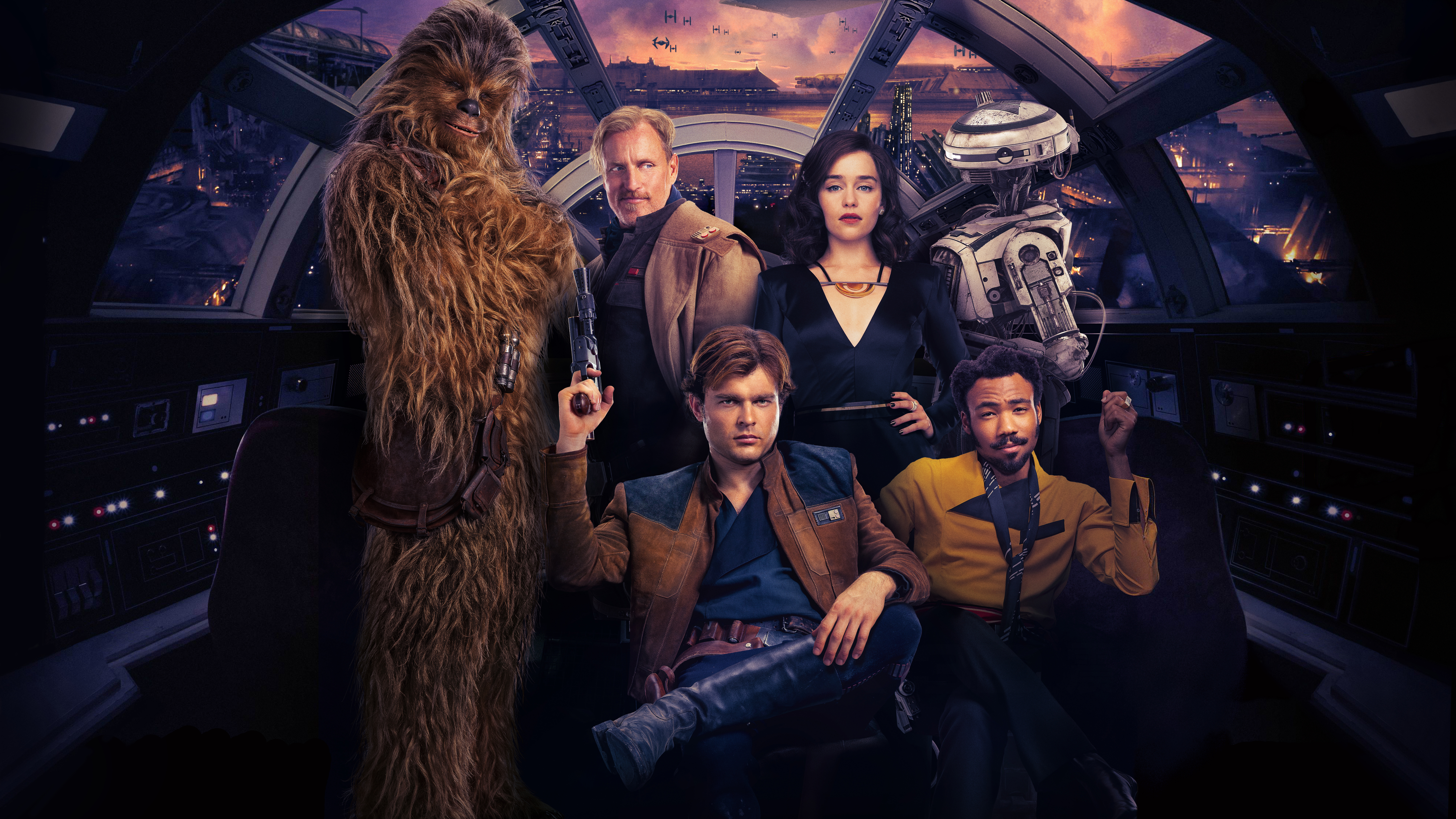 Chewbacca, Han Solo, Lando Calrissian, Qi'ra, Tobias Beckett, and L3-37 from Solo: A Star Wars Story HD Wallpaper