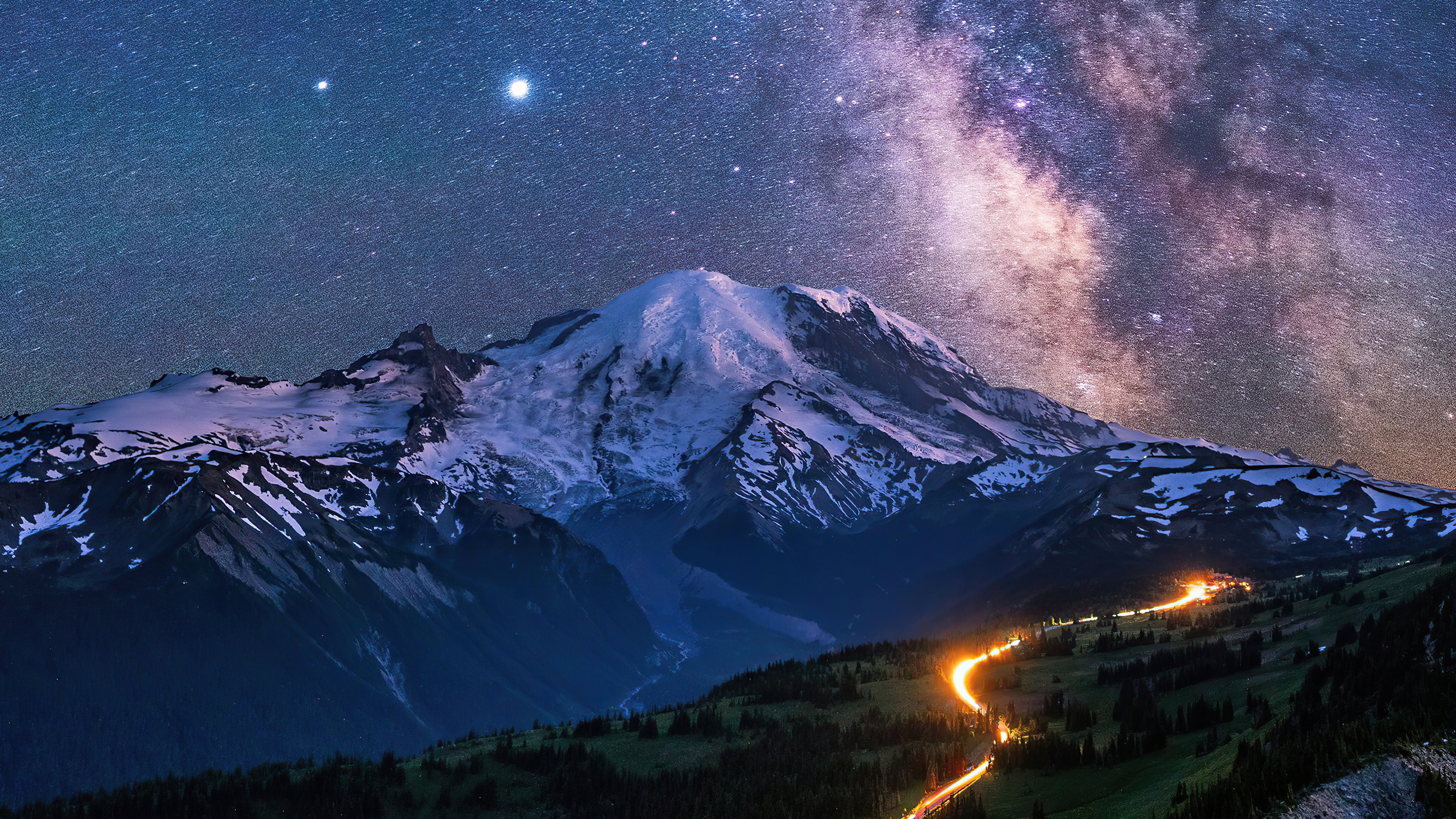 Milky Way over snow-capped mountains and a winding road HD Wallpaper