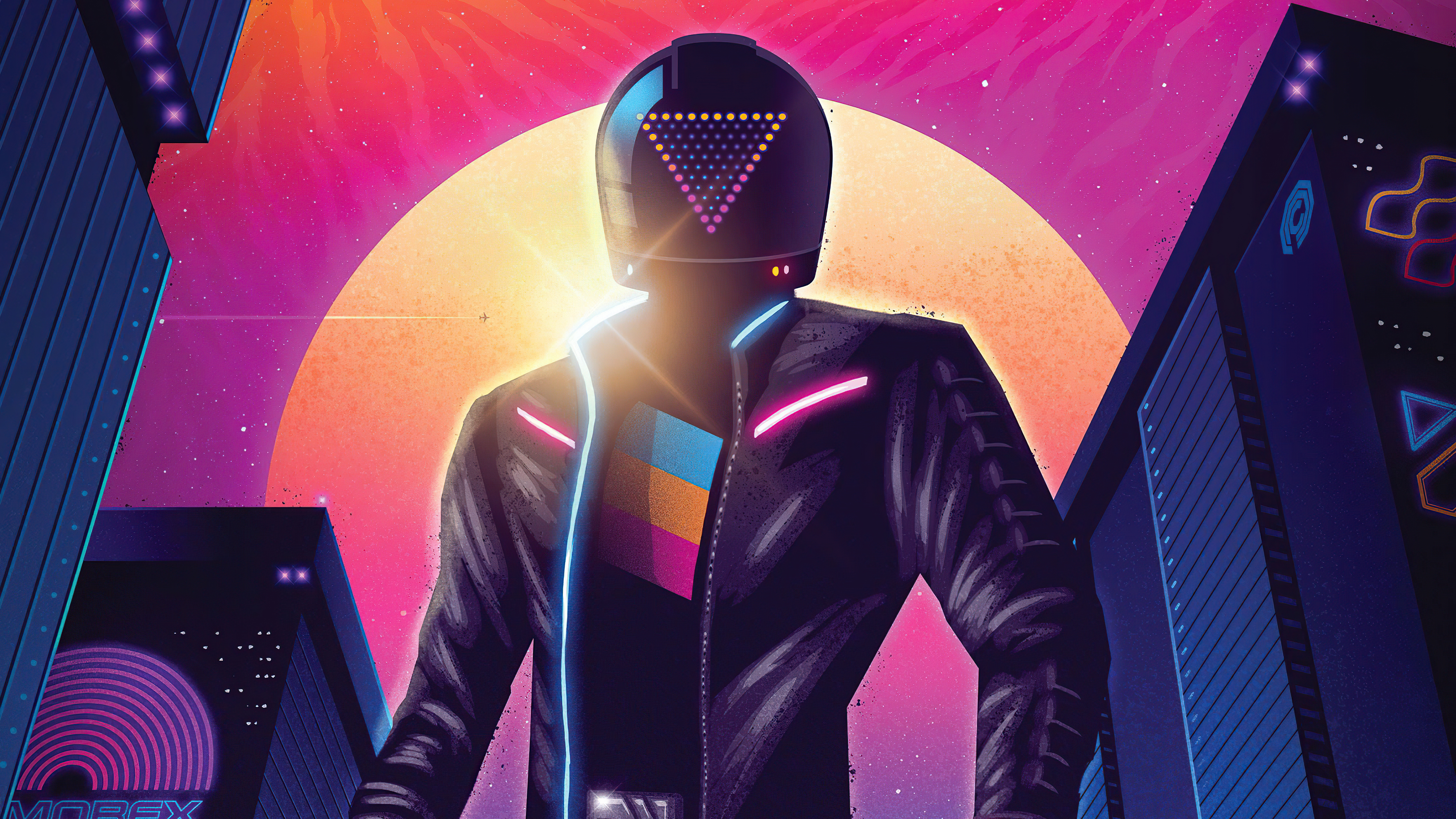 Man in helmet with neon jacket in retrowave city HD Wallpaper