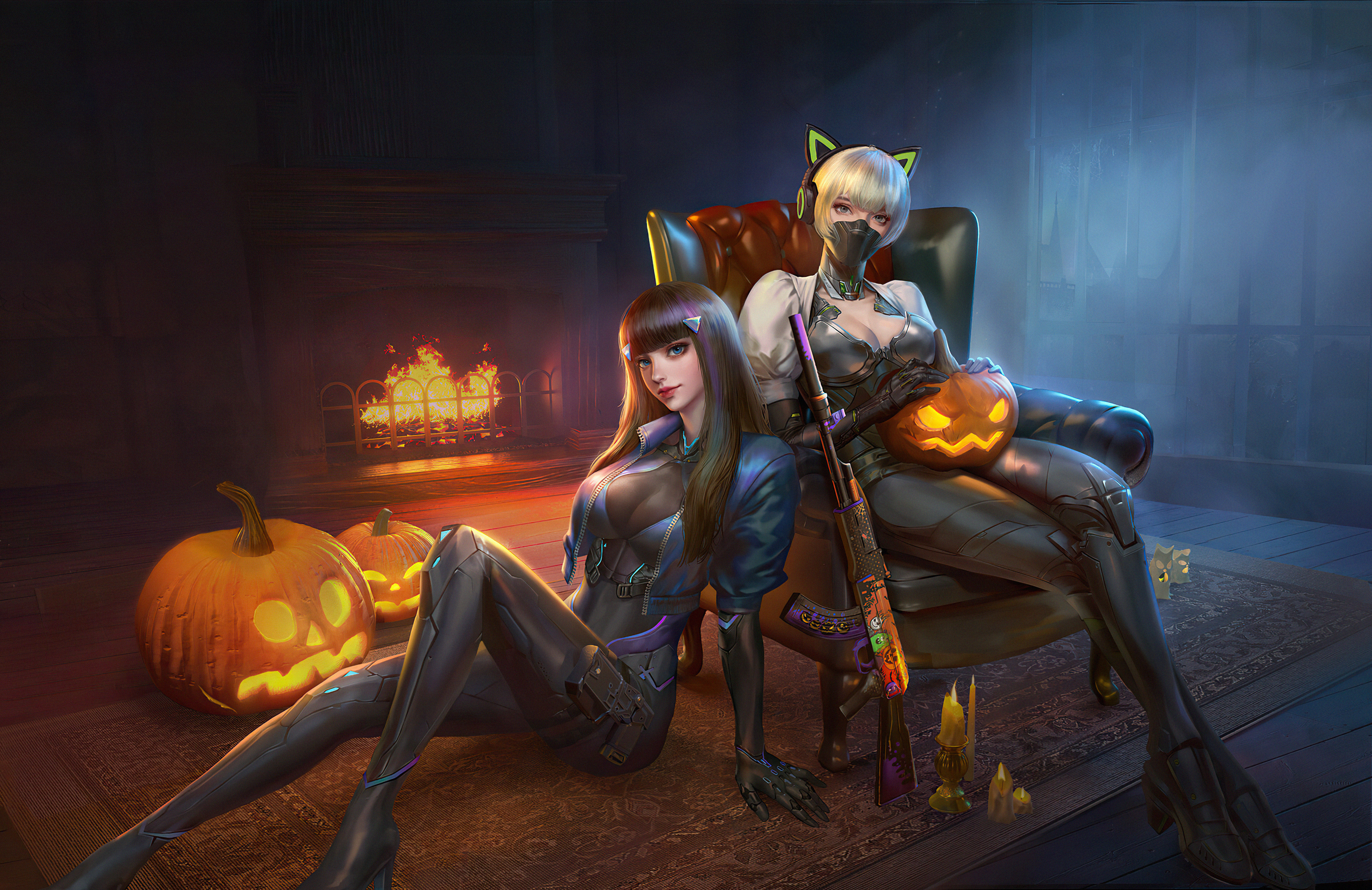 Two women with guns and pumpkins for Halloween HD Wallpaper