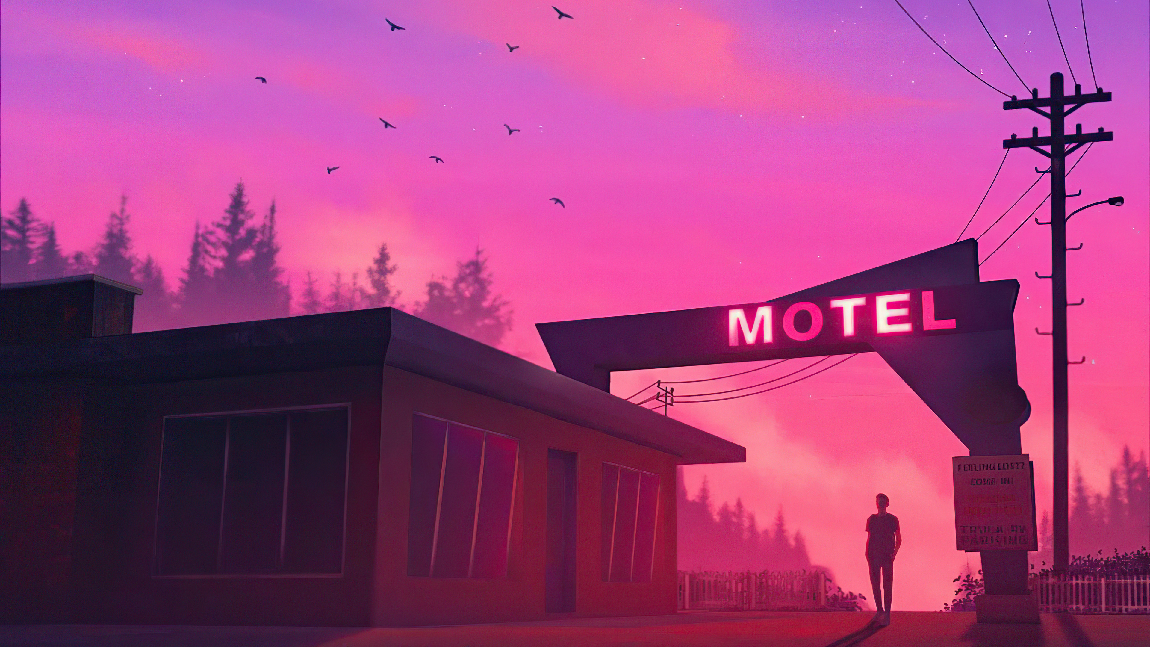 Motel sign at sunset with a lone figure HD Wallpaper