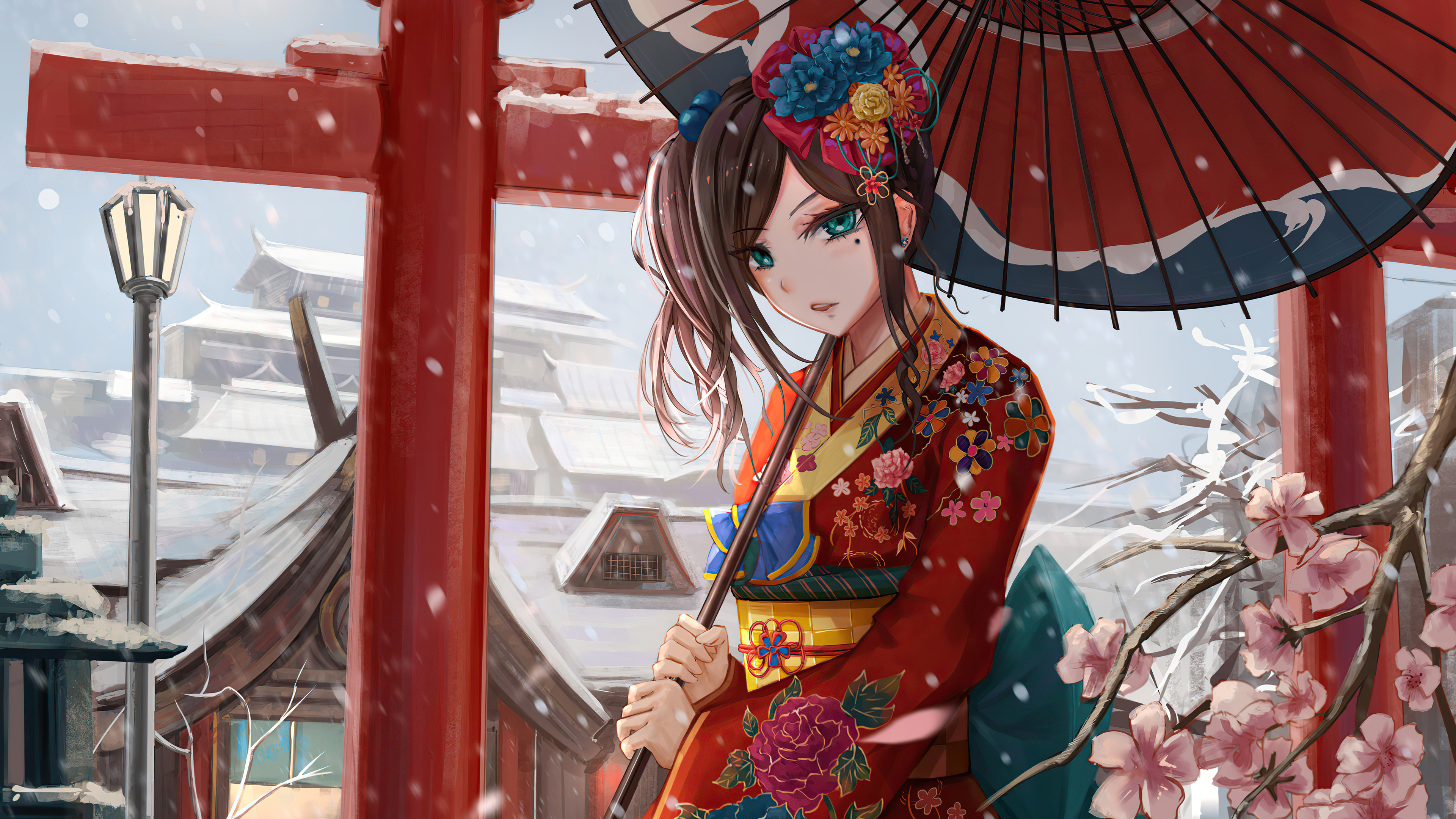 Anime girl in kimono with umbrella in snow HD Wallpaper