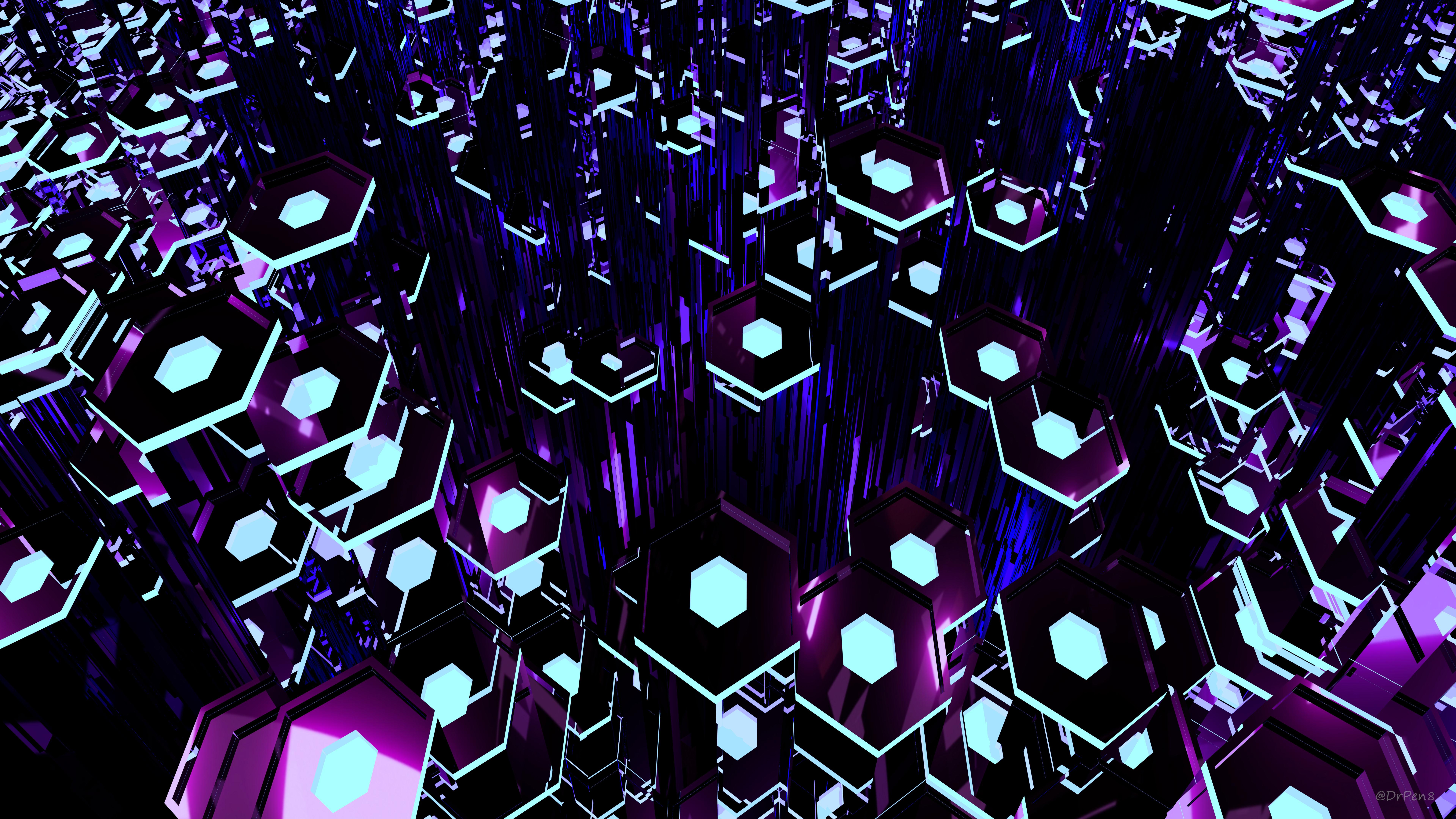 Abstract Hexagons with Purple and Cyan Glow HD Wallpaper