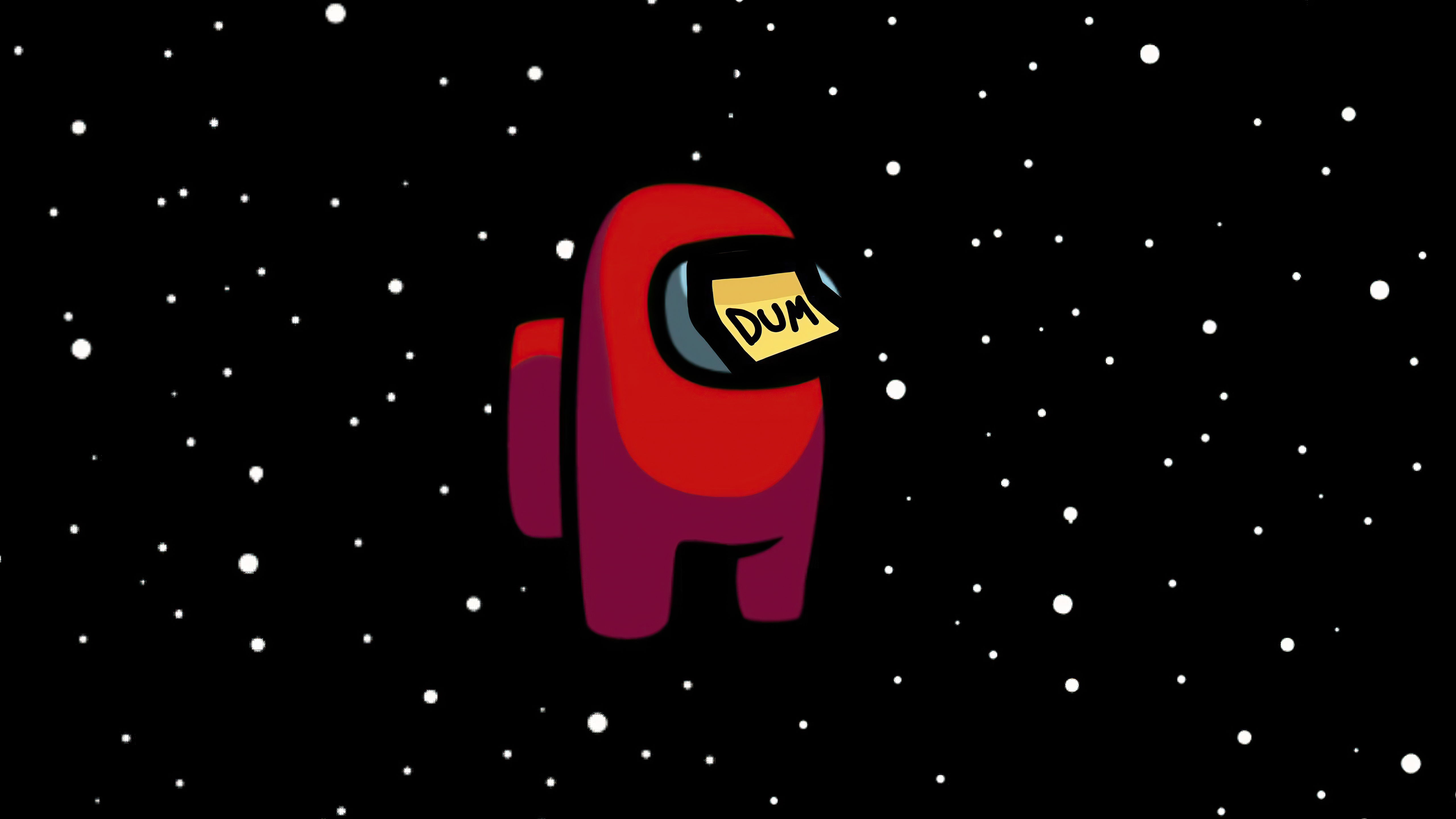 Red Among Us character with "DUM" on visor in space HD Wallpaper