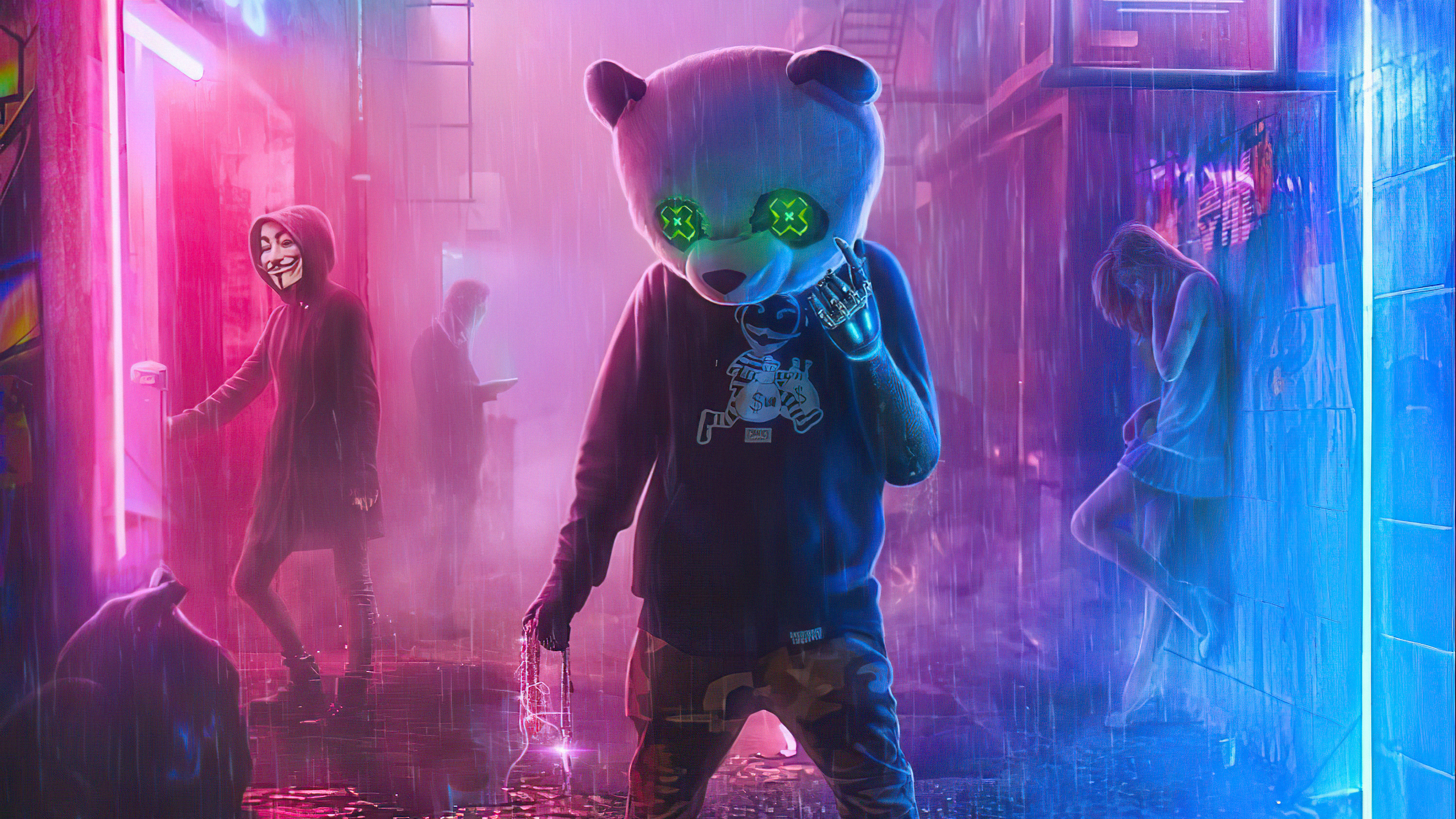 Cyberpunk Panda and Anonymous figures in neon alley HD Wallpaper