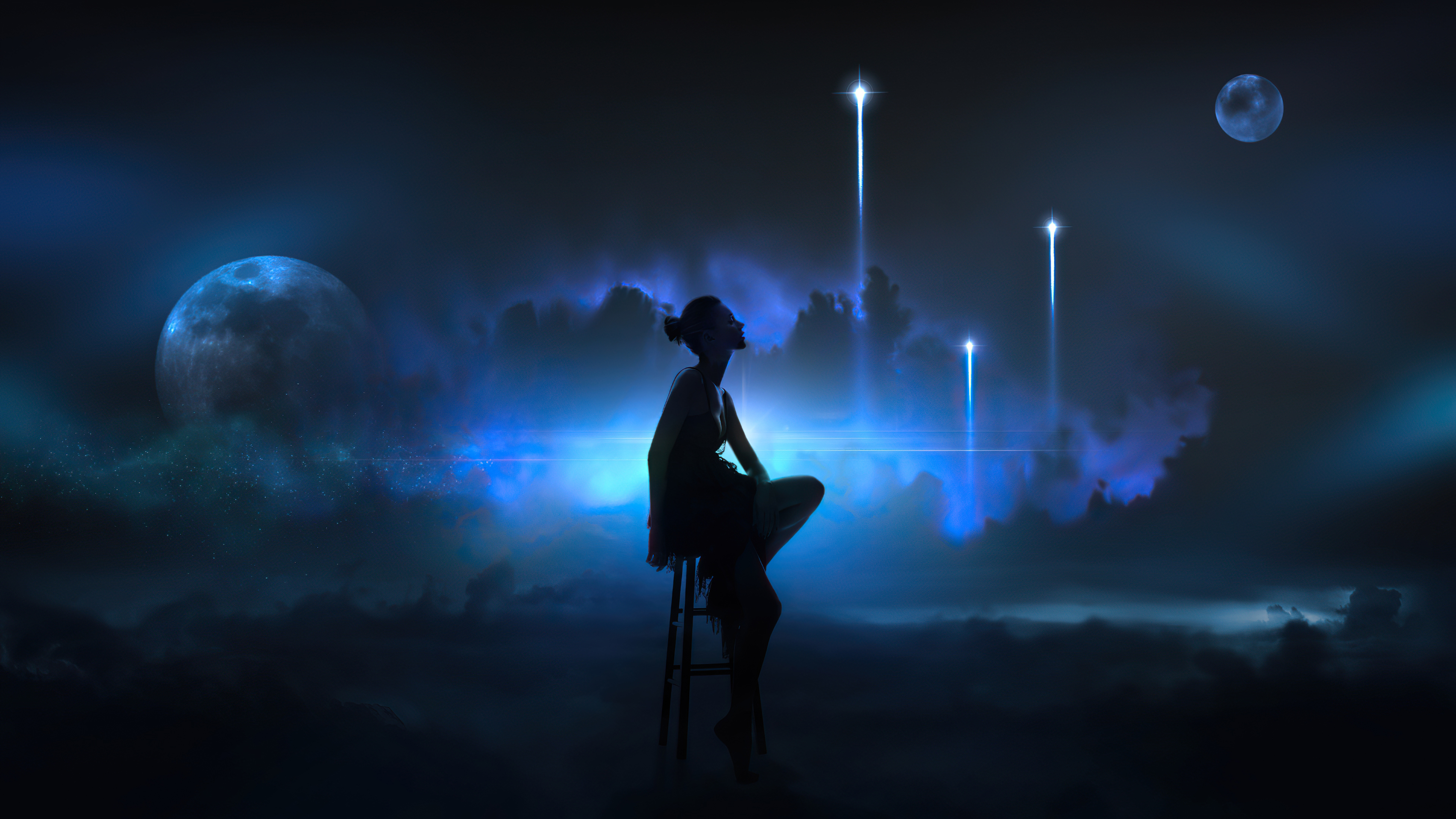 Silhouette of a woman sitting on a stool in a fantasy landscape HD Wallpaper