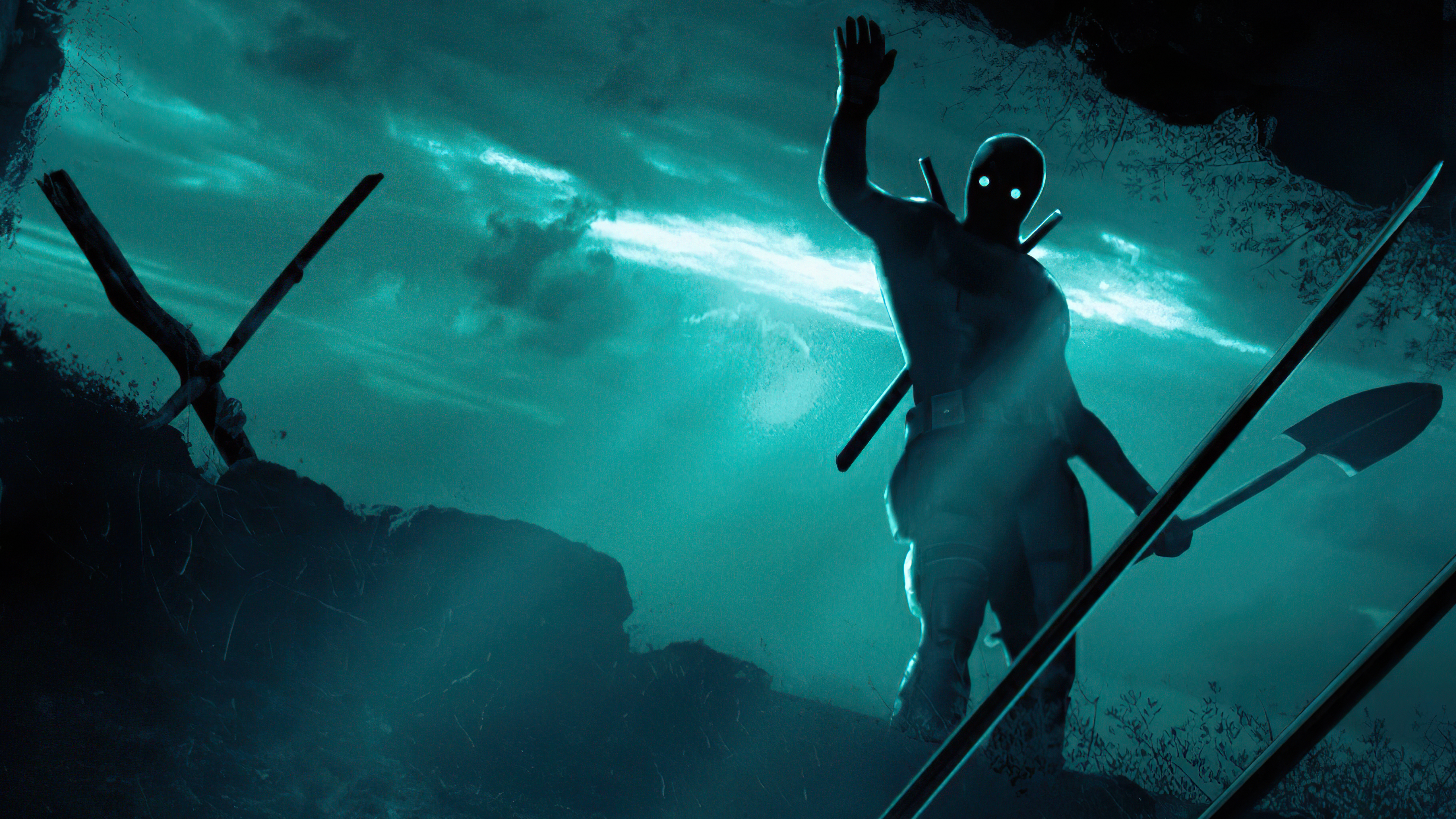 Deadpool with swords and shovel HD Wallpaper