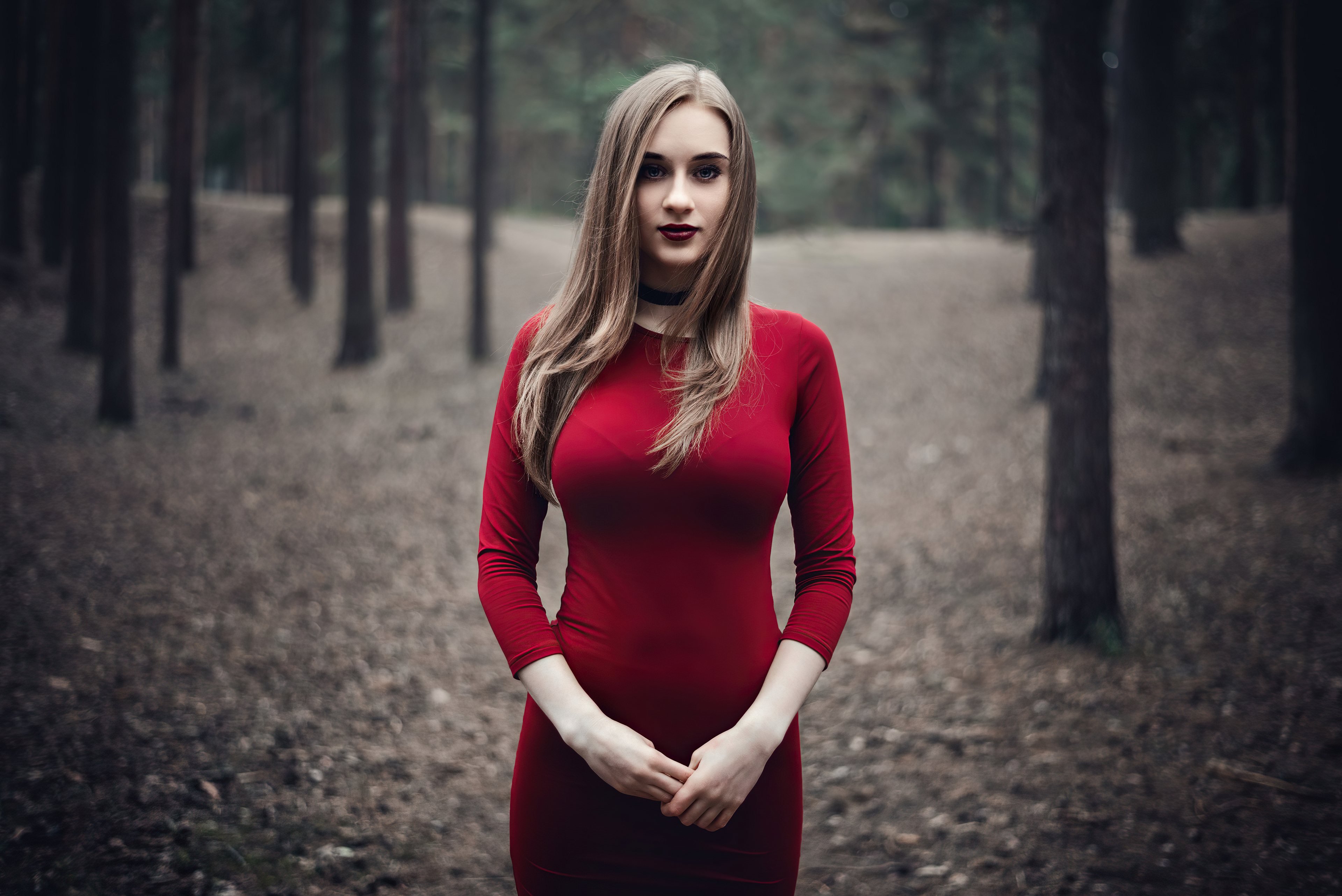 Girl in red dress in forest HD Wallpaper