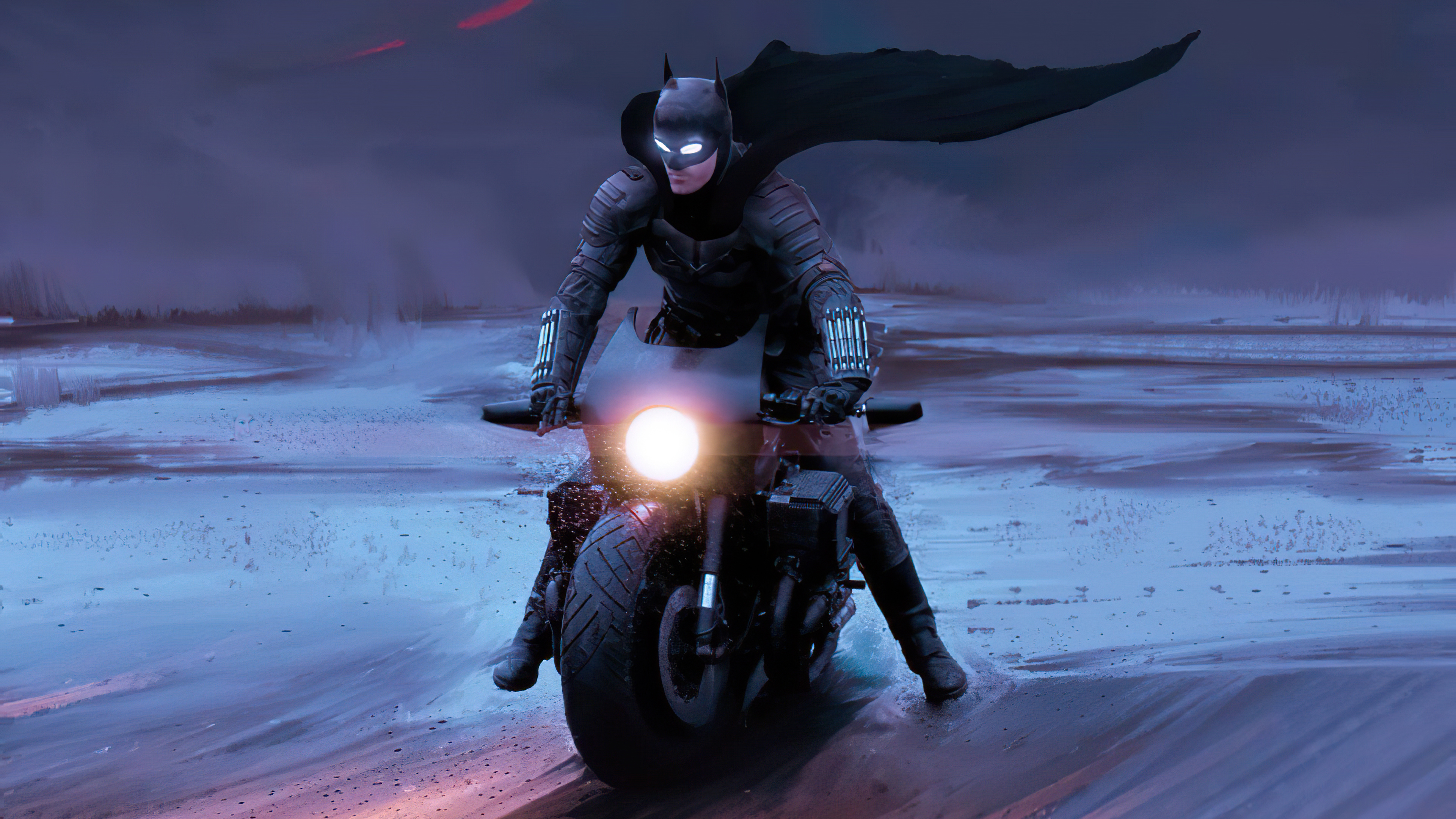 Batman on a motorcycle in a dark landscape HD Wallpaper