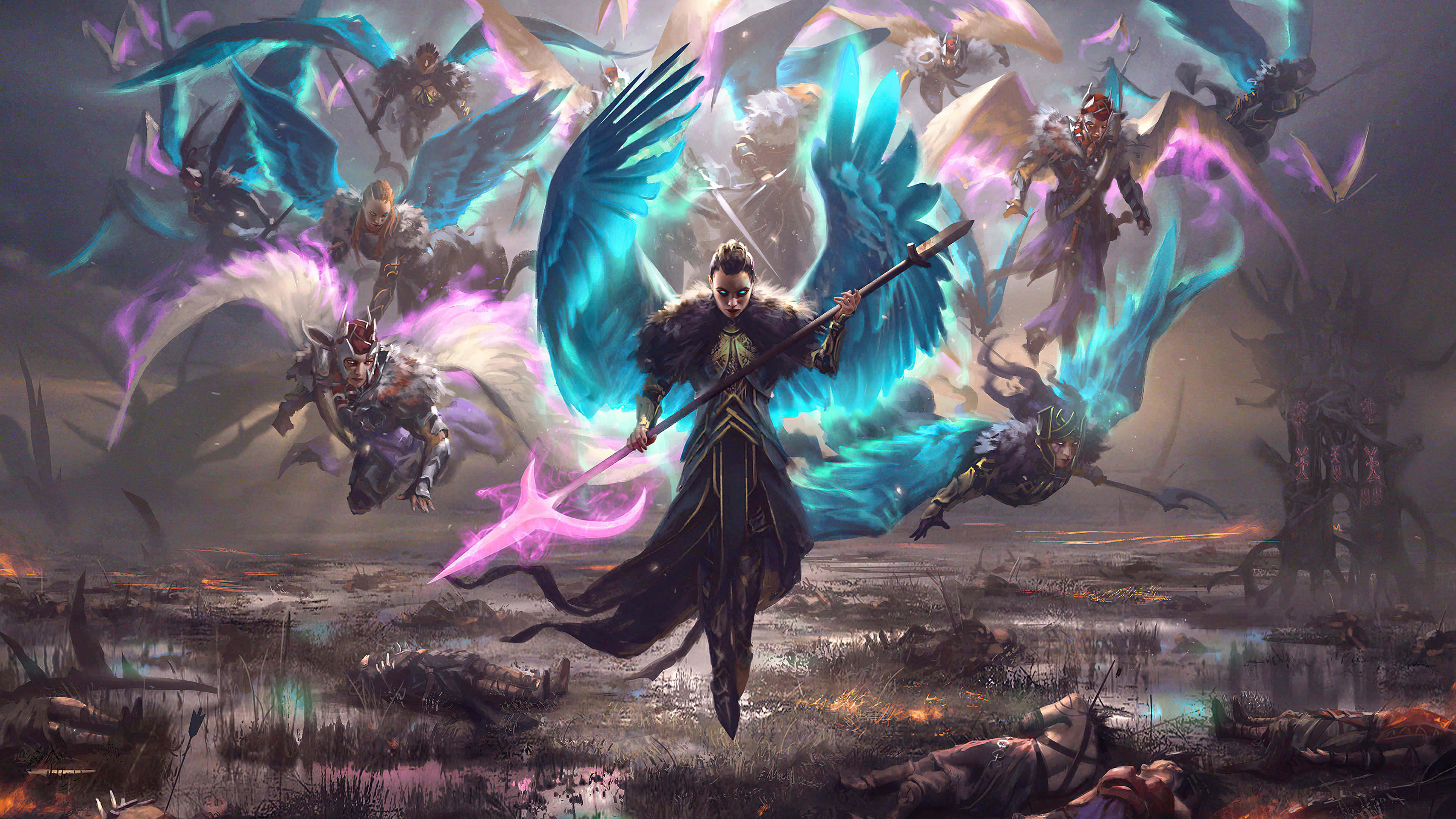 Valkyries in a battlefield with glowing wings HD Wallpaper