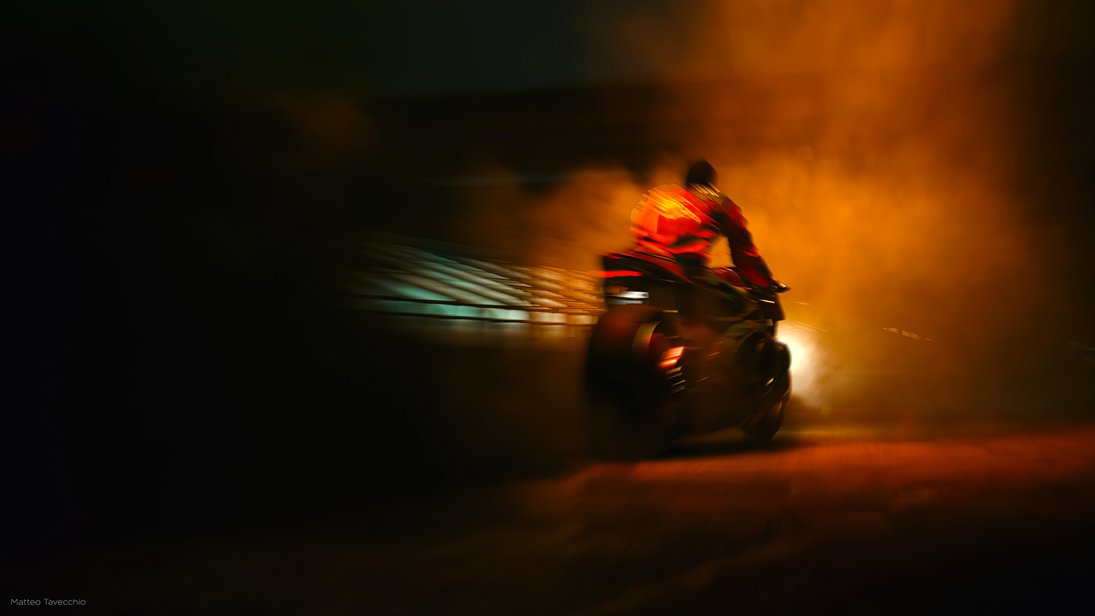 Biker in orange smoke from Cyberpunk 2077 4K HD Wallpaper