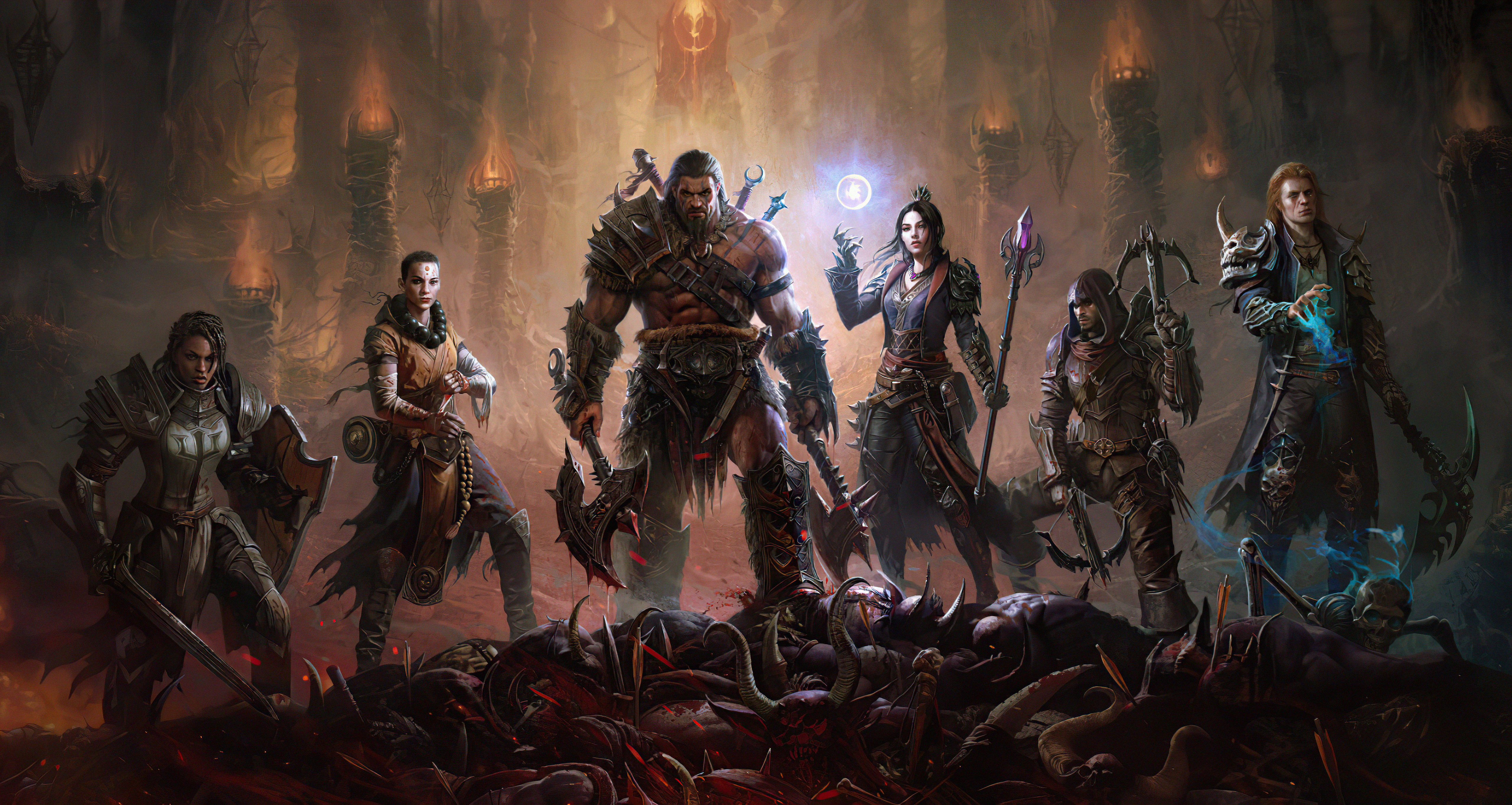 Diablo Immortal characters in a dark cavern HD Wallpaper