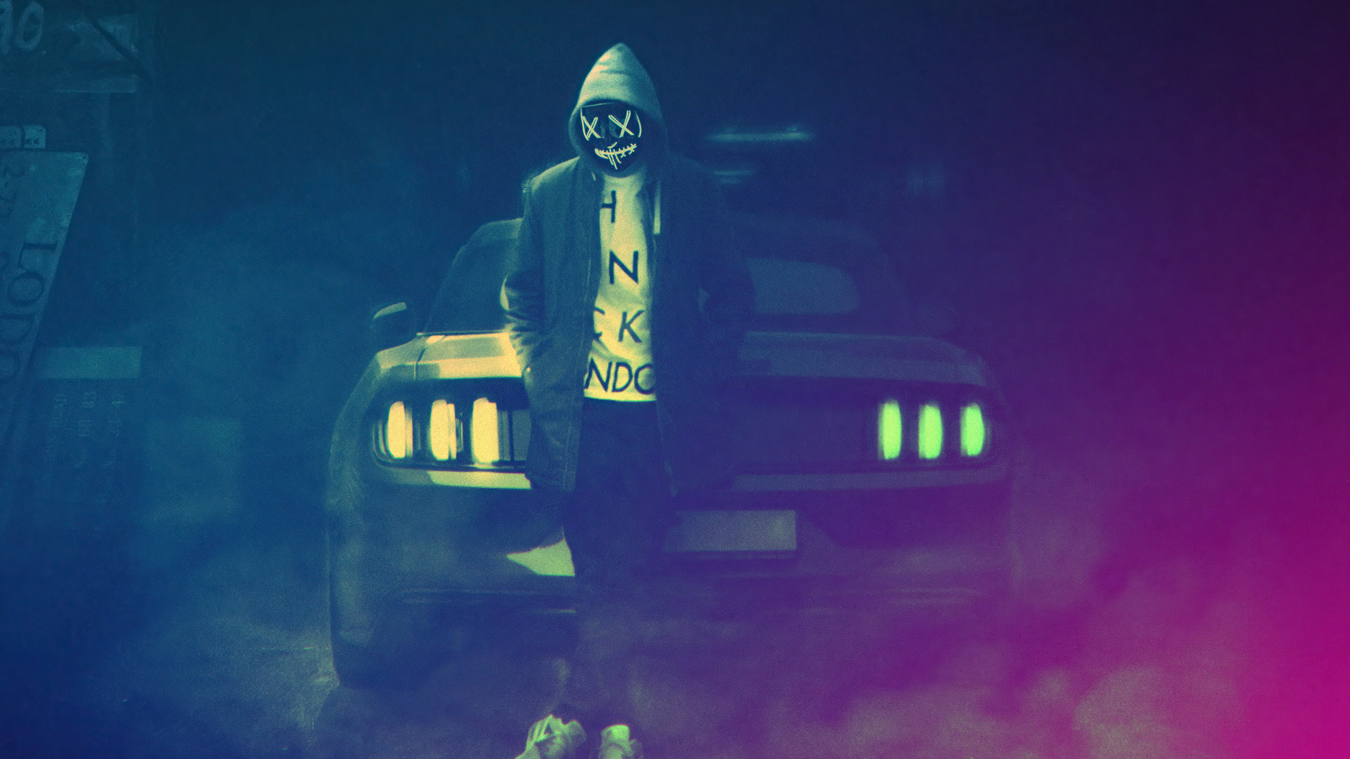 Man in Purge mask with Ford Mustang HD Wallpaper