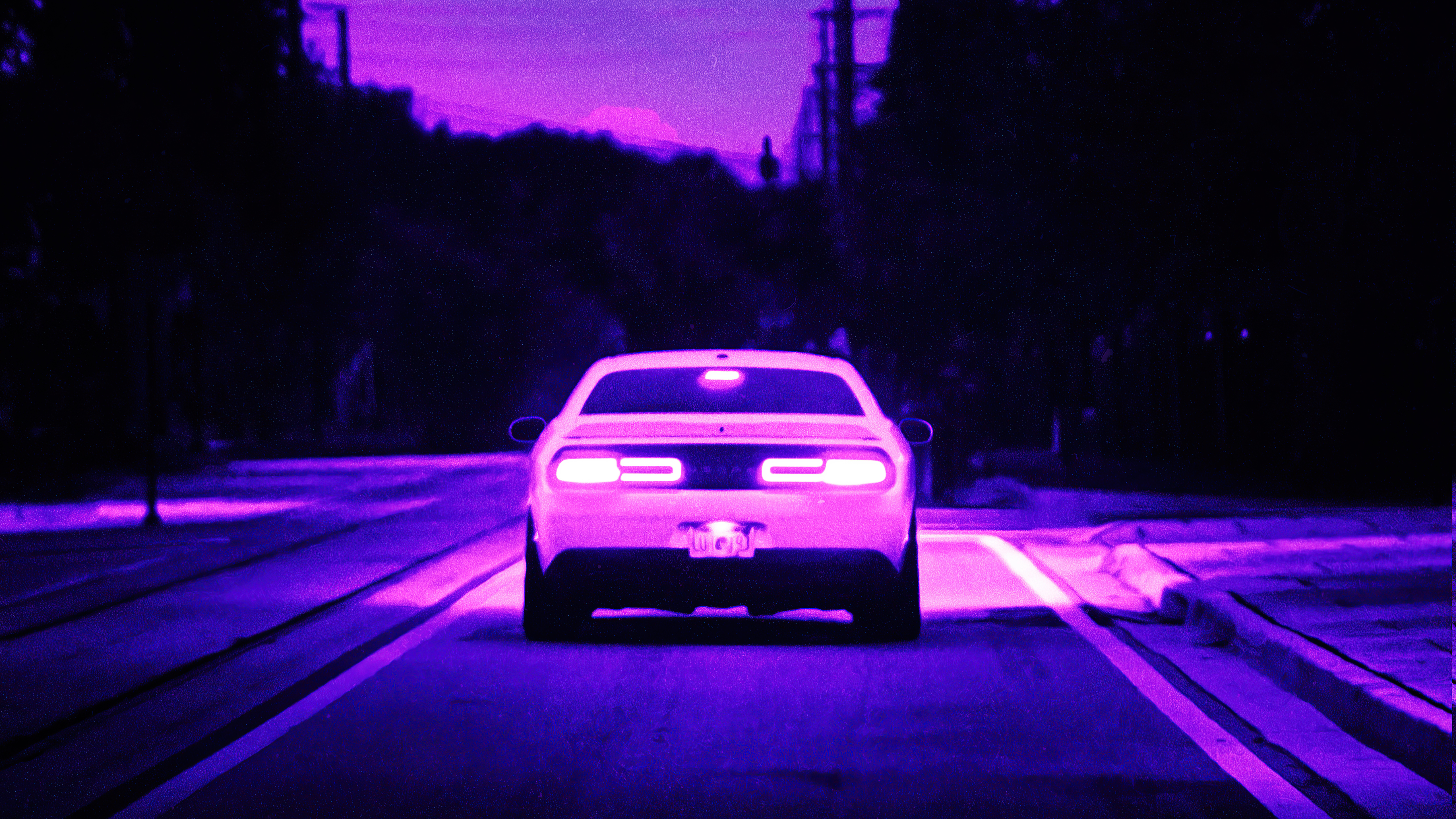Dodge Challenger on a purple road at night HD Wallpaper