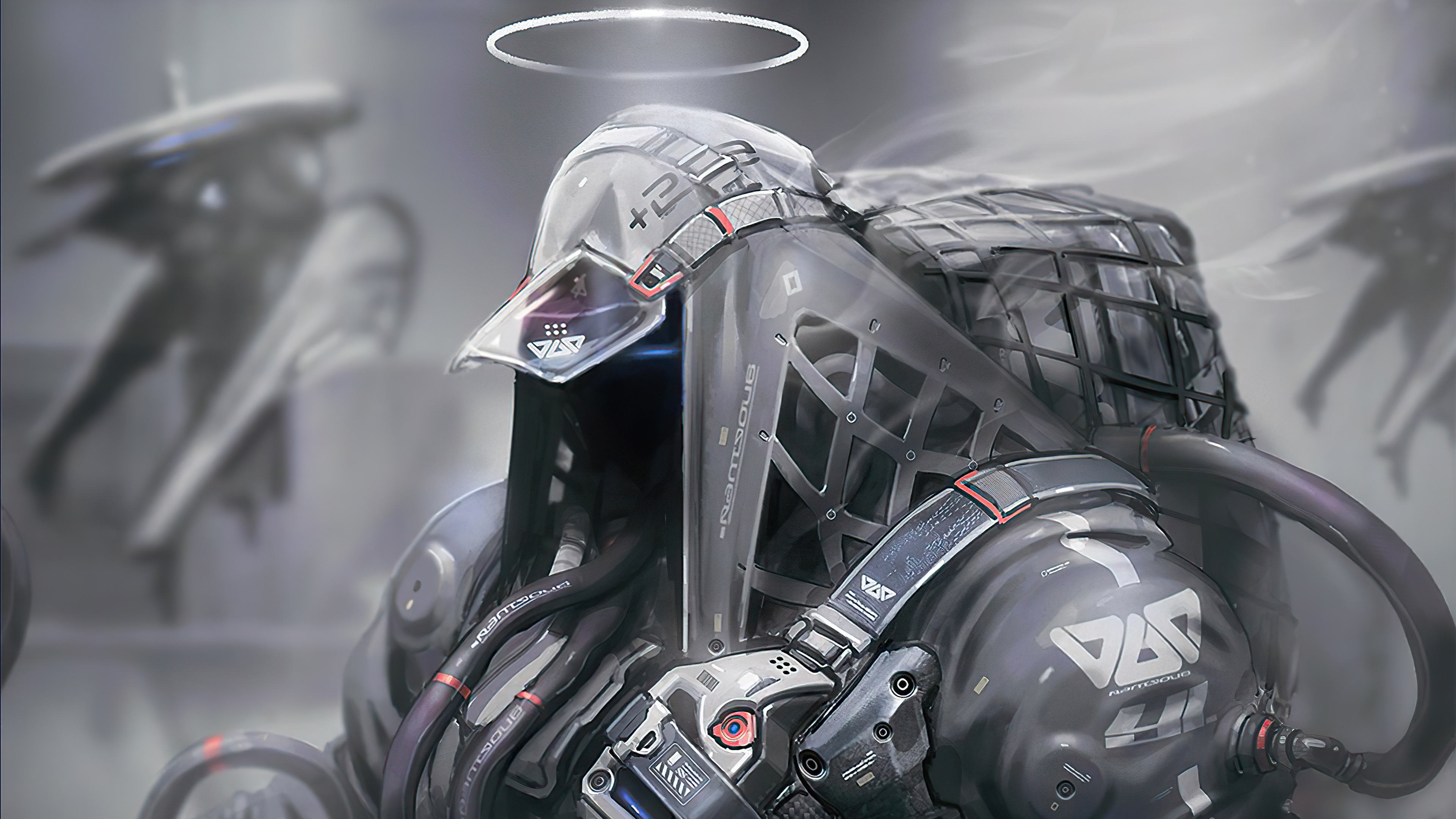 Robot with halo and futuristic armor HD Wallpaper